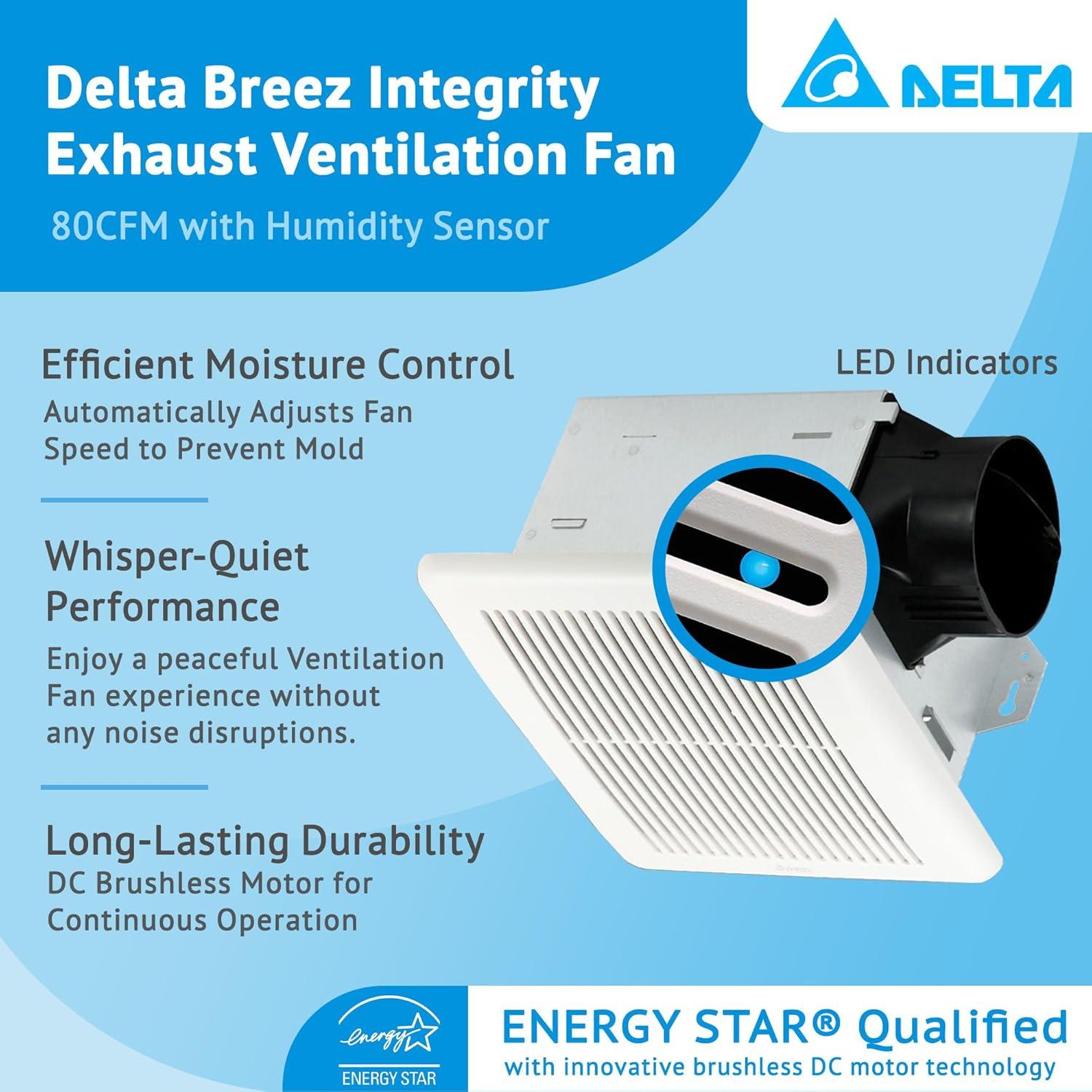 Delta Breez Integrity Exhaust Bathroom Fan 80 CFM with Humidity Sensor, White