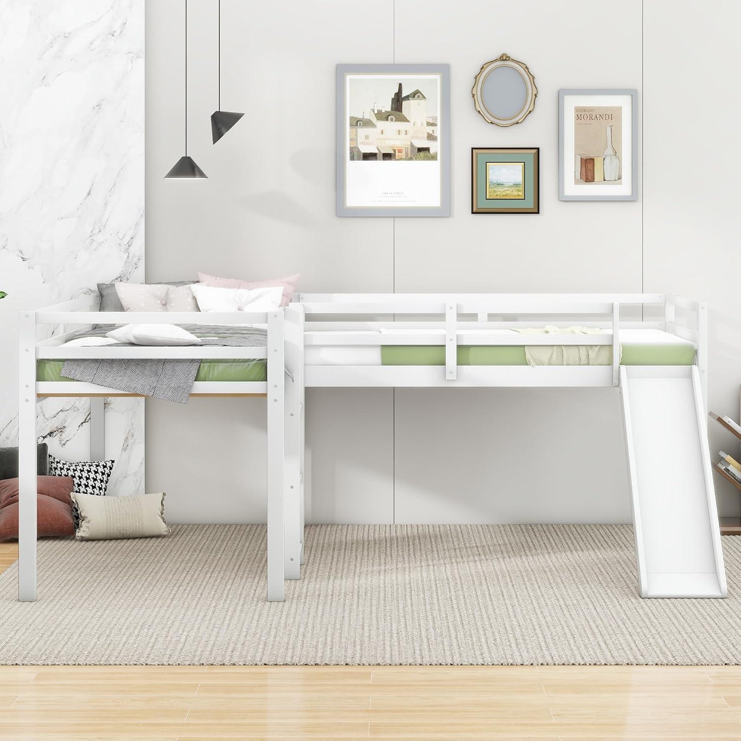 Two Loft Bed L Shaped Twin Bunk Bed with Ladders and Slide, Bunk Bed for Family, Kids, Teens, No Box Spring Needed