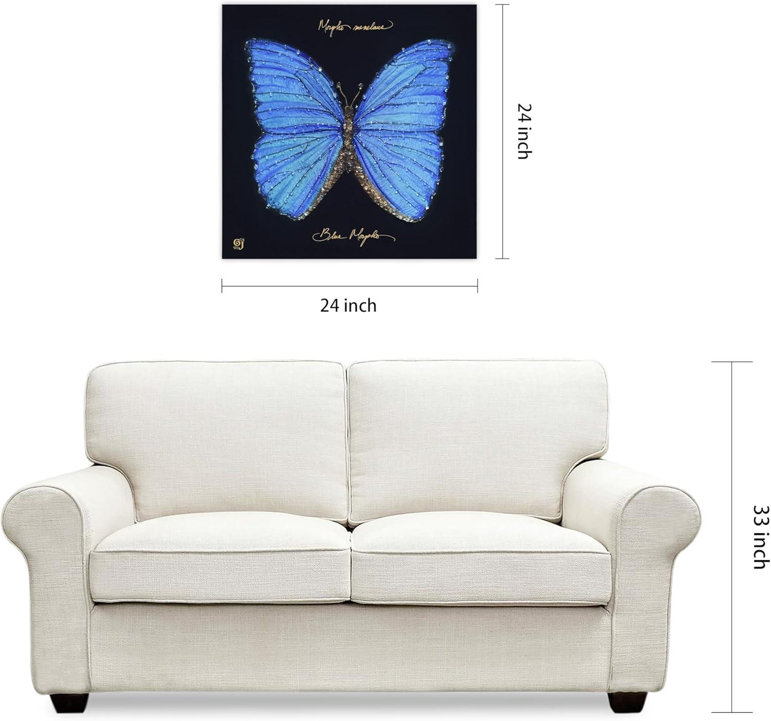"Blue Monarch Elegance" Crystallus Epoxy Coated Wrapped Glossy Butterfly Canvas Wall Art with Heavy Acrylic Crystal Shards Embellishments