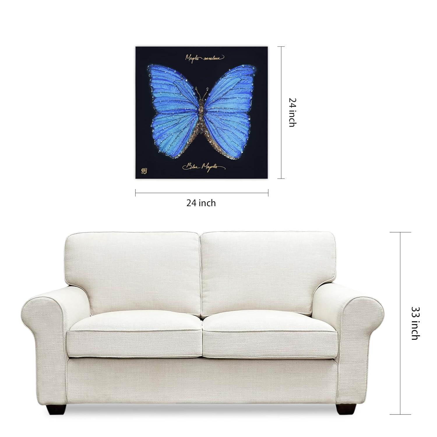 "Blue Monarch Elegance" Crystallus Epoxy Coated Wrapped Glossy Butterfly Canvas Wall Art with Heavy Acrylic Crystal Shards Embellishments