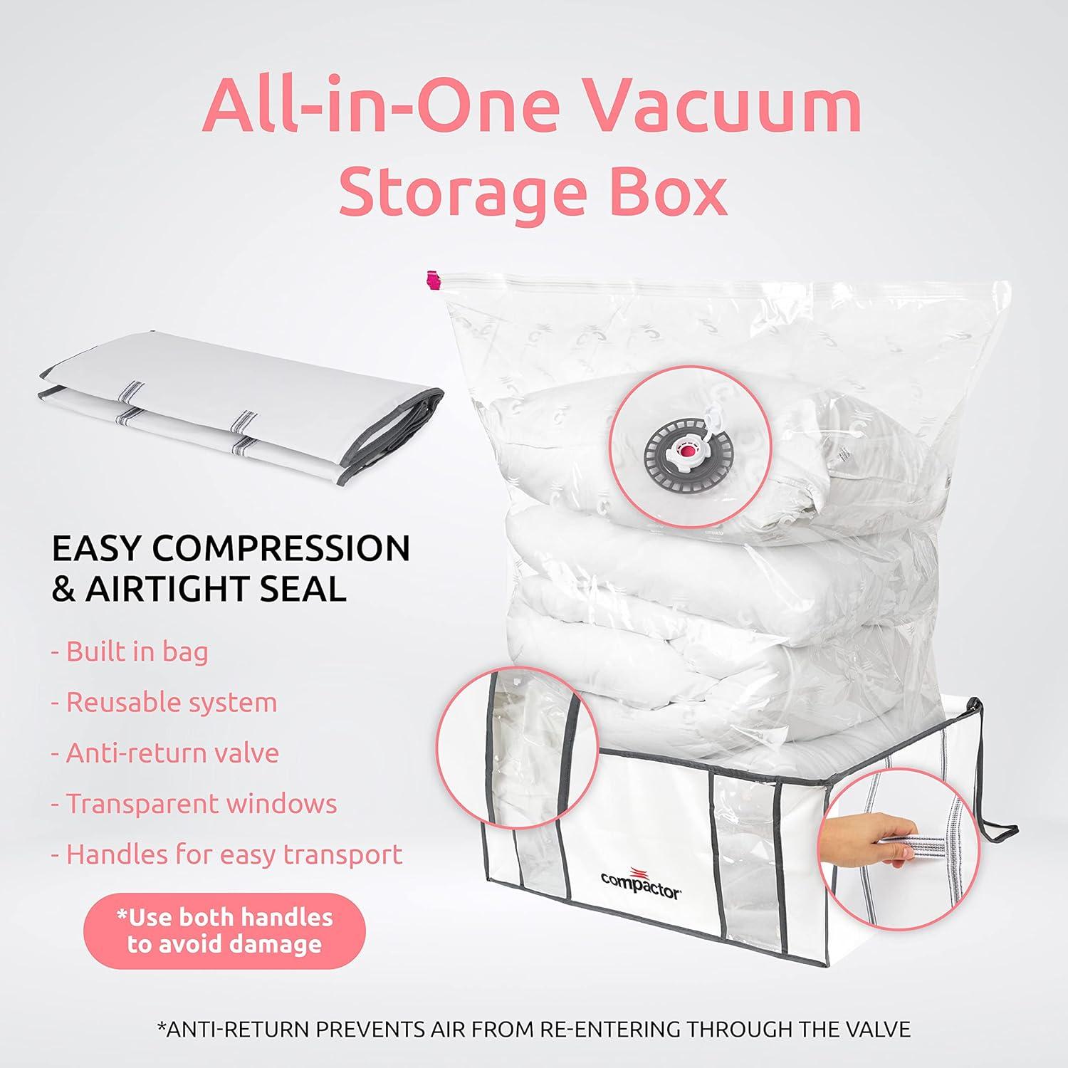 Compactor XXL, Vacuum Storage Bags, Vacuum Seal Bags for Clothing with Semi-Rigid Box, Cube Storage Organizer for Comforters & Blankets