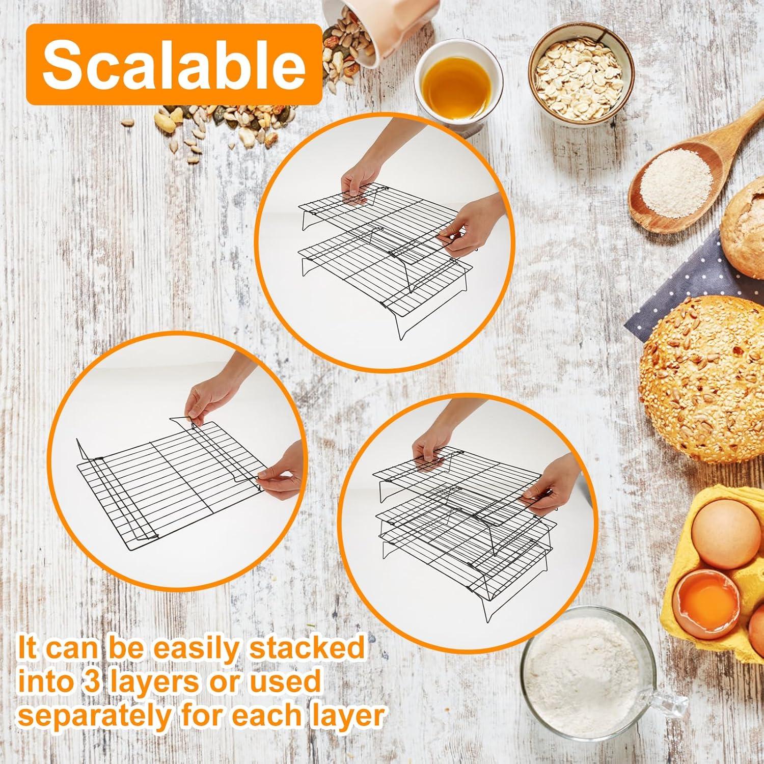Duslogis 3-Tier Cooling Rack for Cookies, Cake and More, Stackable Non-Stick Baking Cooking Cooling Racks for Cooling Roasting Grilling, Black