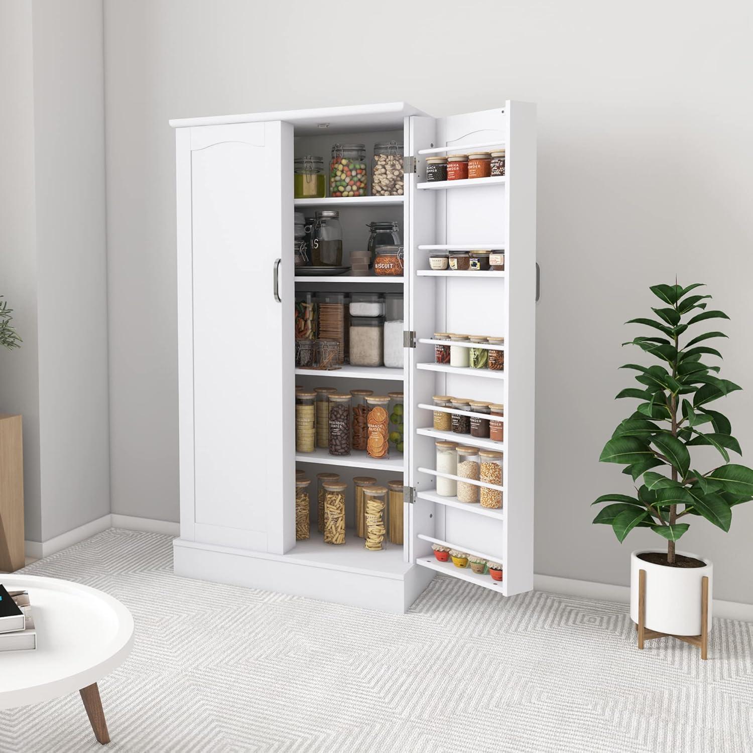 47” Pantry Storage Cabinet, Freestanding Kitchen Pantry Cabinet with Drawer and Adjustable Shelves, White Kitchen Pantry Storage Cabinet, Buffet Cupboards Sideboard for Home Office Use
