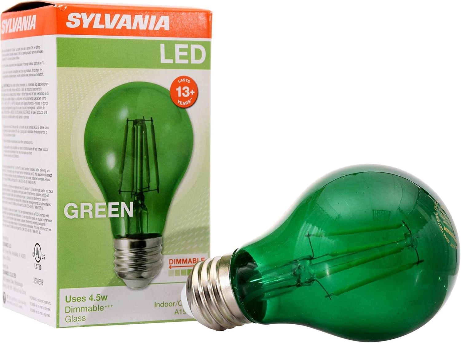 Sylvania 40303 Green Filament A19 Ultra LED Light Bulb, Colored Glass Lamps, 4.5 Watts, for Decorative and Accent Lighting