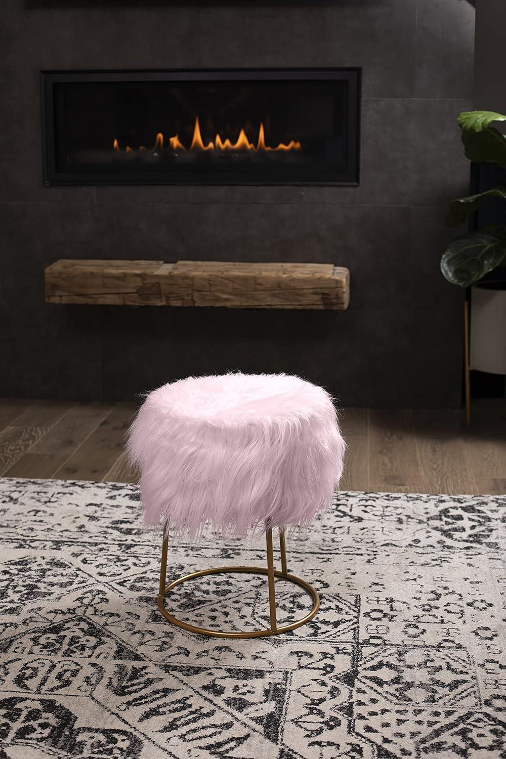 BirdRock Home Round Pink Faux Fur Foot Stool Storage Ottoman with Pale Gold Legs