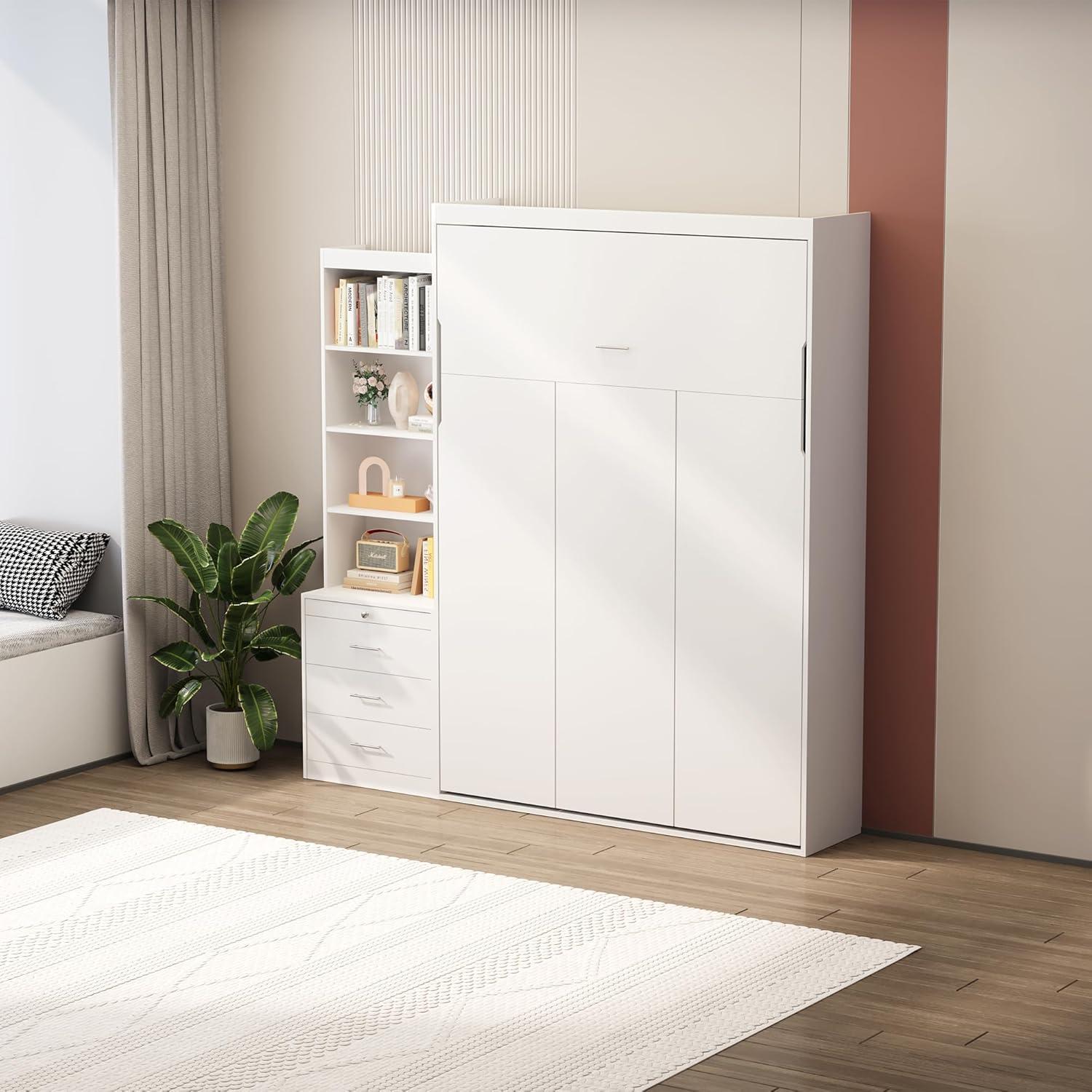 Bellemave Modern Full Size Murphy Bed with Storage Shelf and Drawers for Bedroom or Guestroom,Murphy Chest Bed Space-Saving Folding White Wall Bed with New Style,White