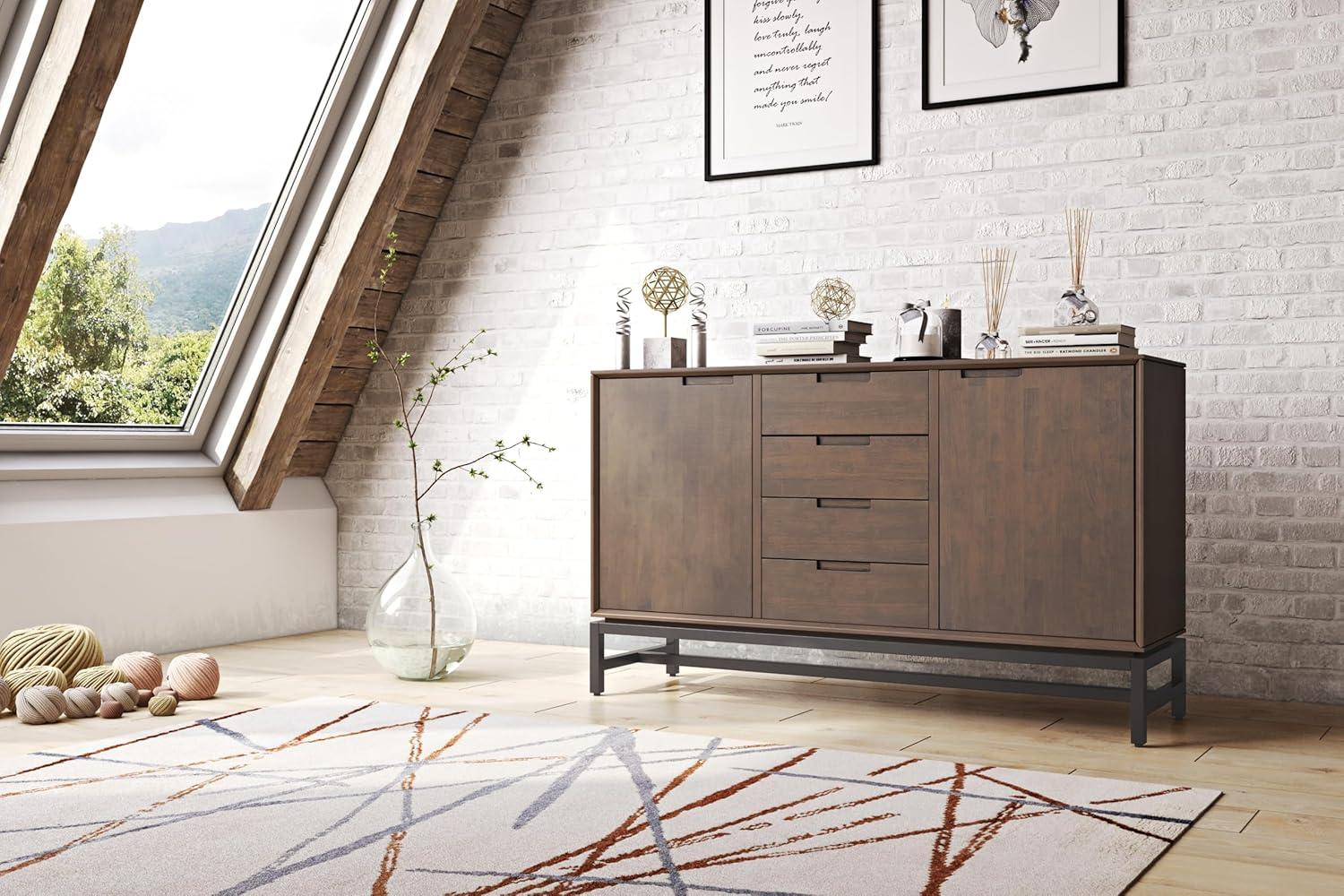 Simpli Home Banting 60"W Solid Wood Industrial 2-Door Sideboard Buffet with 4 Center Drawers