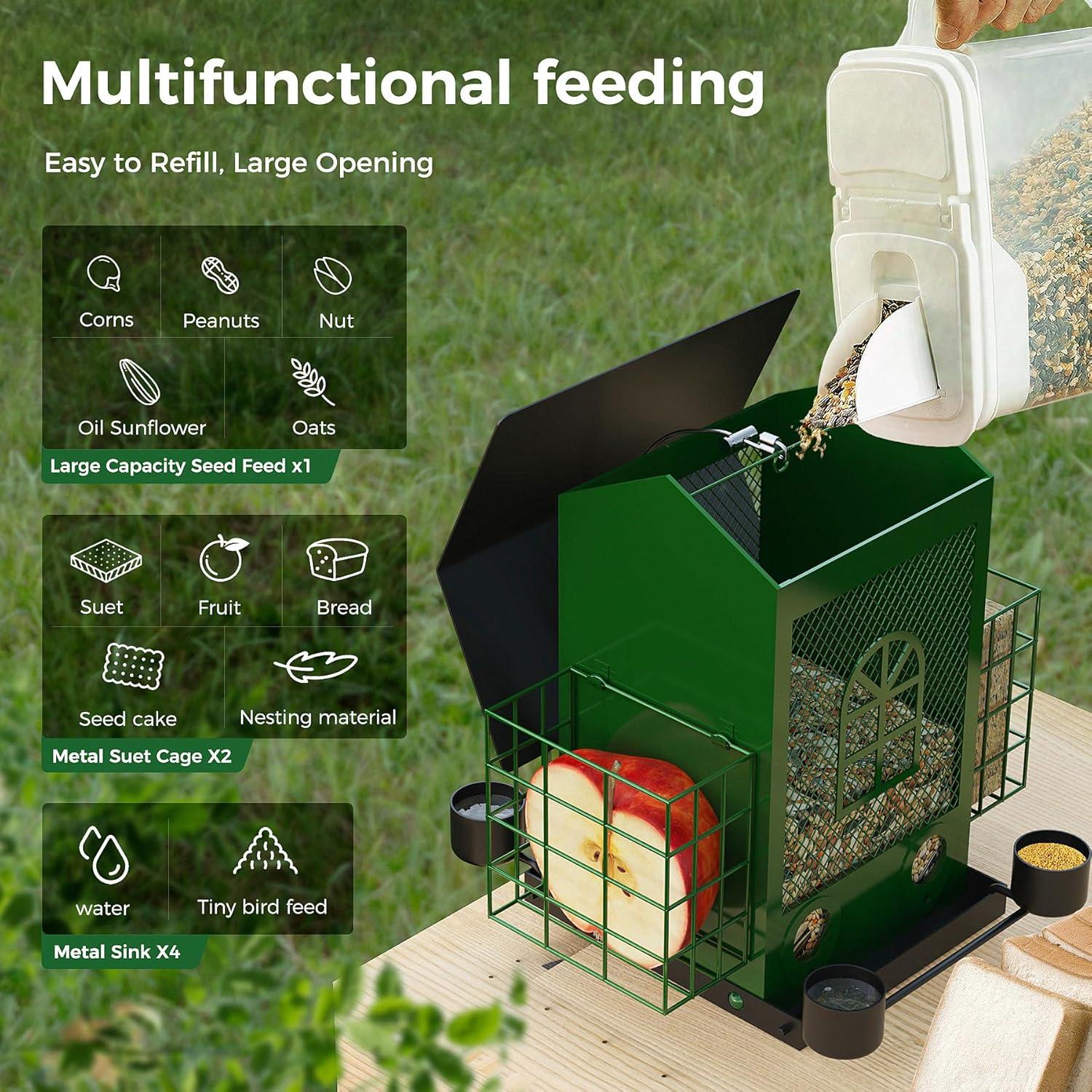 PerchMe®Bird Feeders for Outdoors Hanging, Metal Bird House Feeder with 2 Suet Cage and 4 Water Cups,Large Capacity,Weatherproof,Easy to Clean & Refill-Green