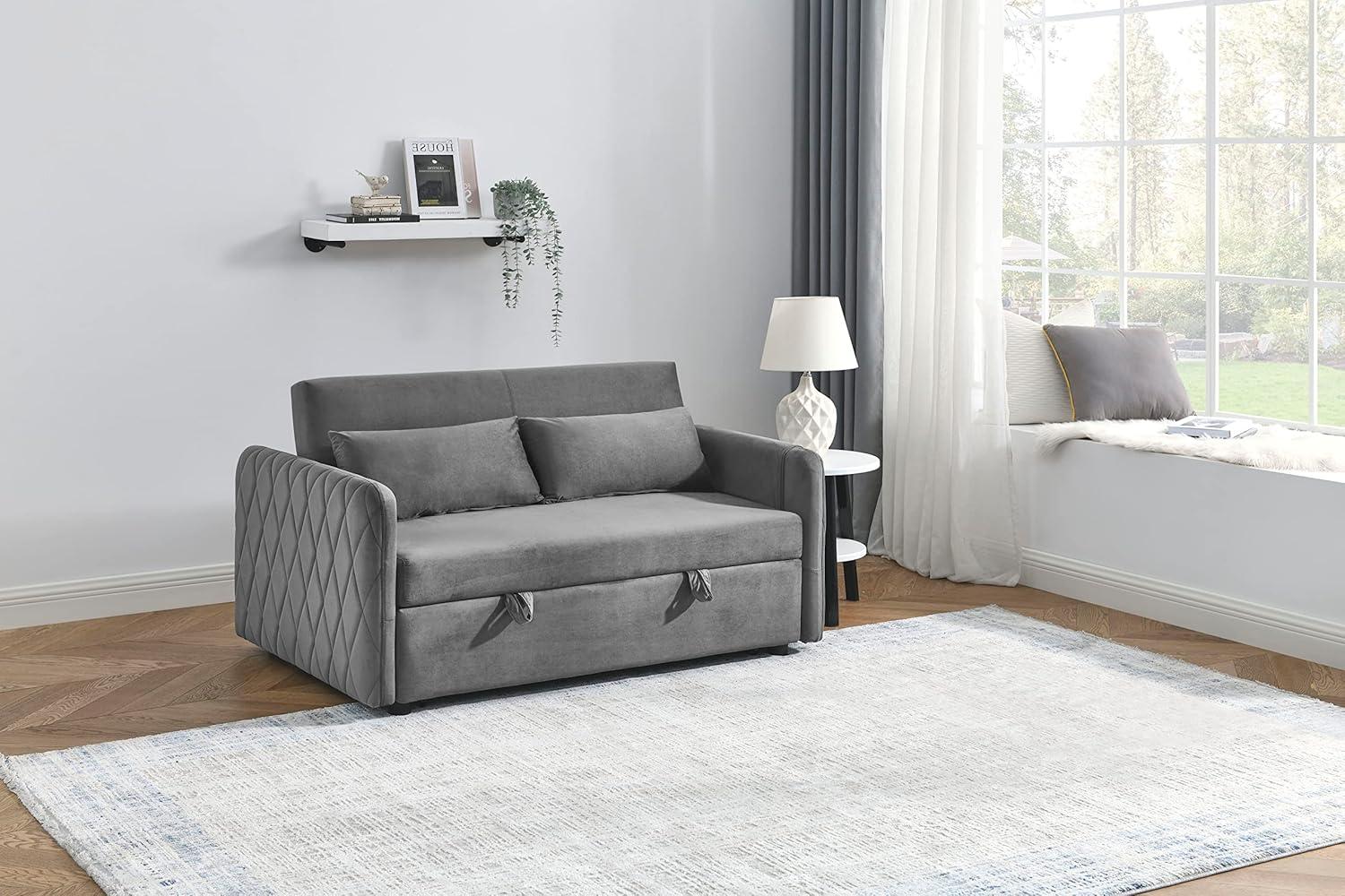 55" Convertible Sofa Bed with 2 Detachable Arm Pockets, Velvet Loveseat Sofa with Pull Out Bed and 2 Pillows, Modern Sleeper Sofa with Adjustable Backrest, Grid Design Armrests for Living Room, Grey