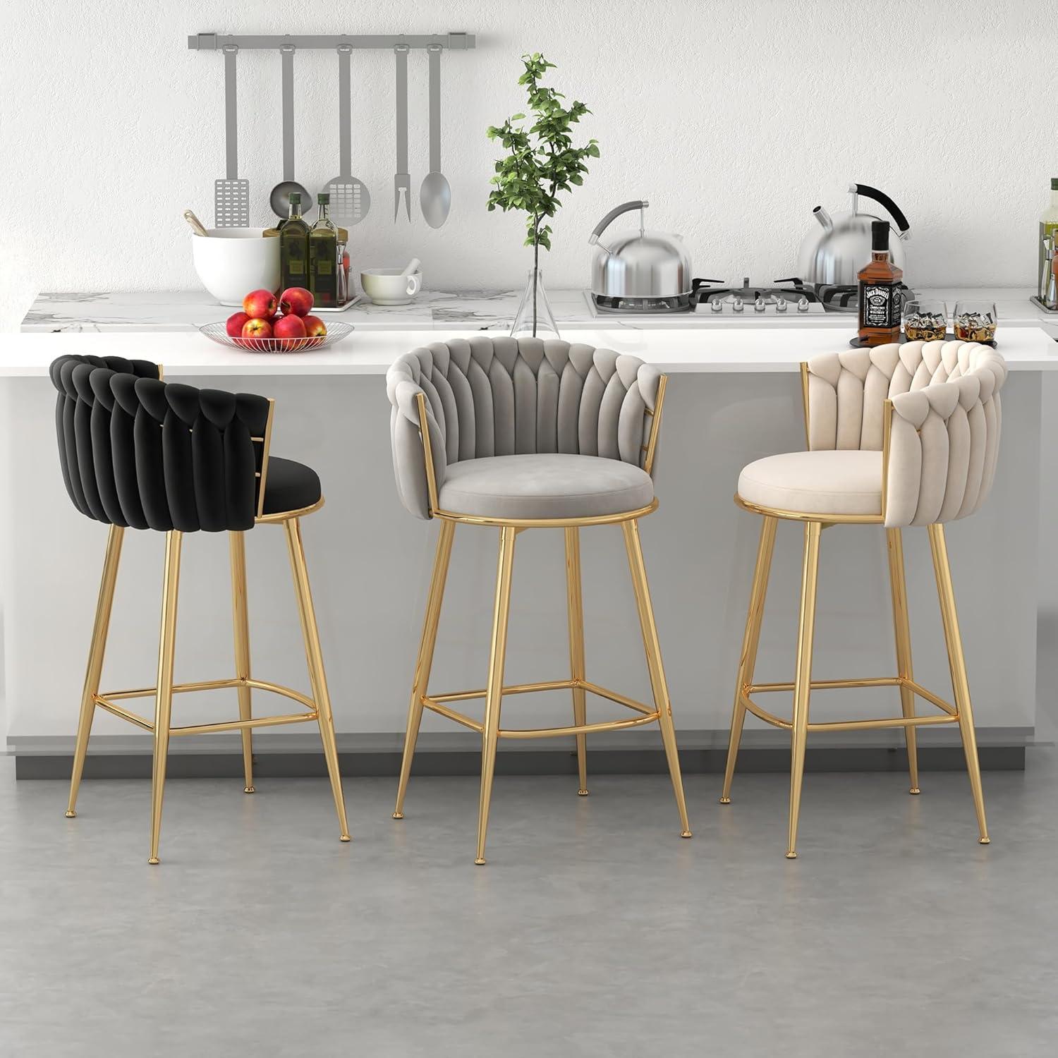 Counter Height Stools Set of 2, Velvet Bar Stools with 27 Inches Upholstered Seat Height, Handmade Woven Back Armrest, Sturdy Golden Metal Legs for Home Dining Pub Kitchen Island, Beige