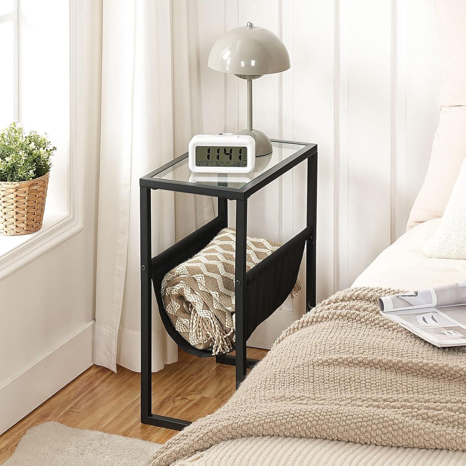 Black Metal and Glass Narrow Side Table with Magazine Holder