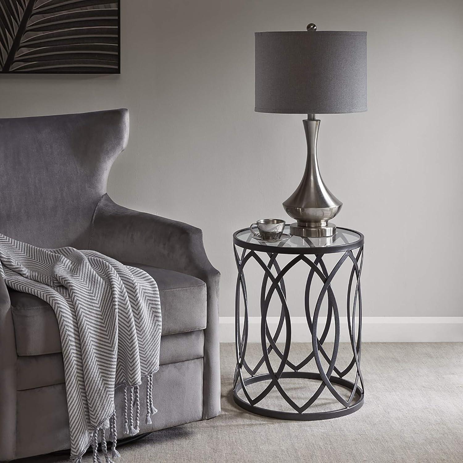 Gaige Metal Eyelet Accent Table - Pewter: Modern Round End, Tempered Glass Top, No Assembly Required