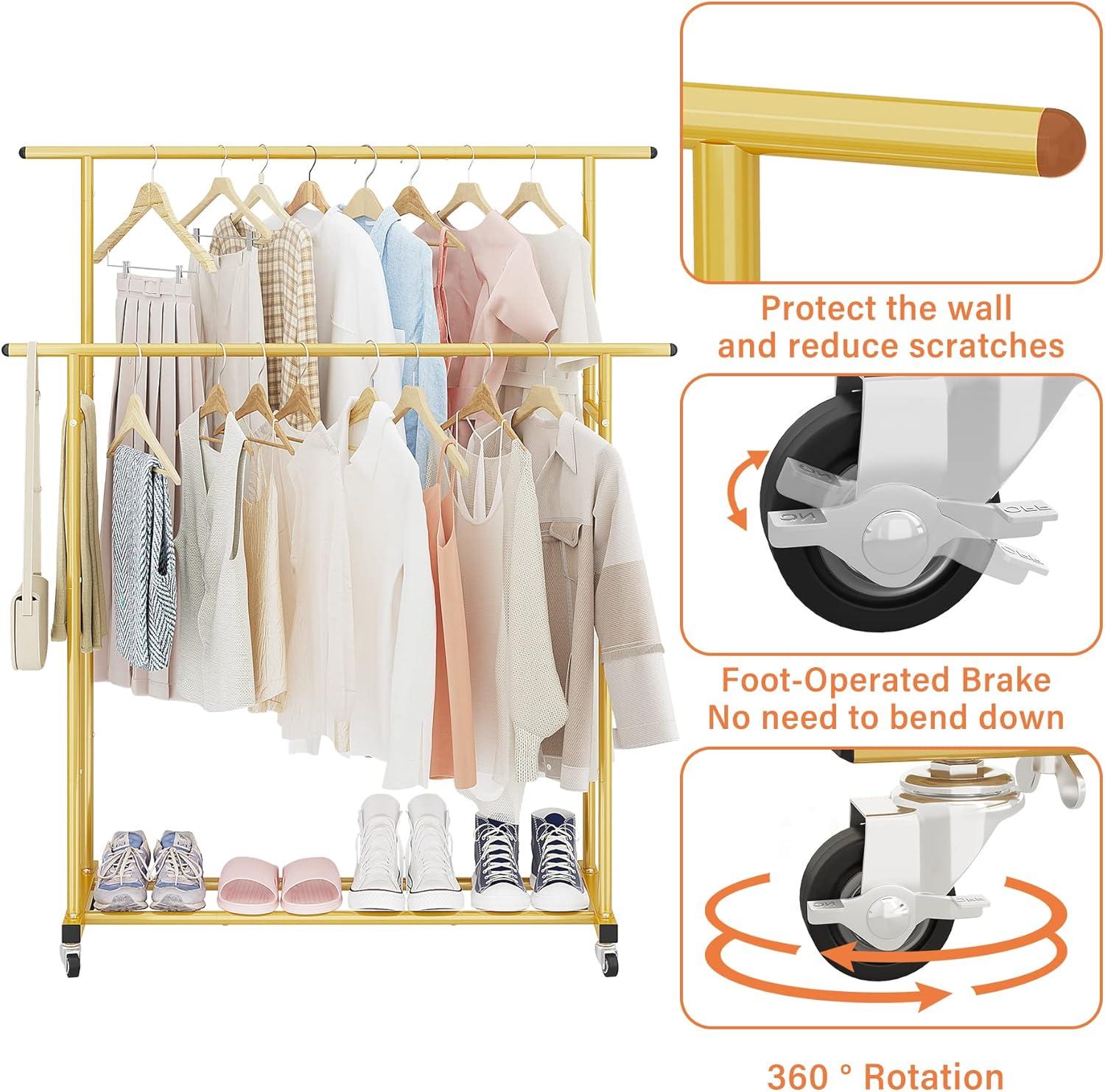 Calmootey Double Rod Clothing Garment Rack,Rolling Hanging Clothes Rack,Portable Clothes Organizer for Bedroom,Living Room,Clothing Store,Gold