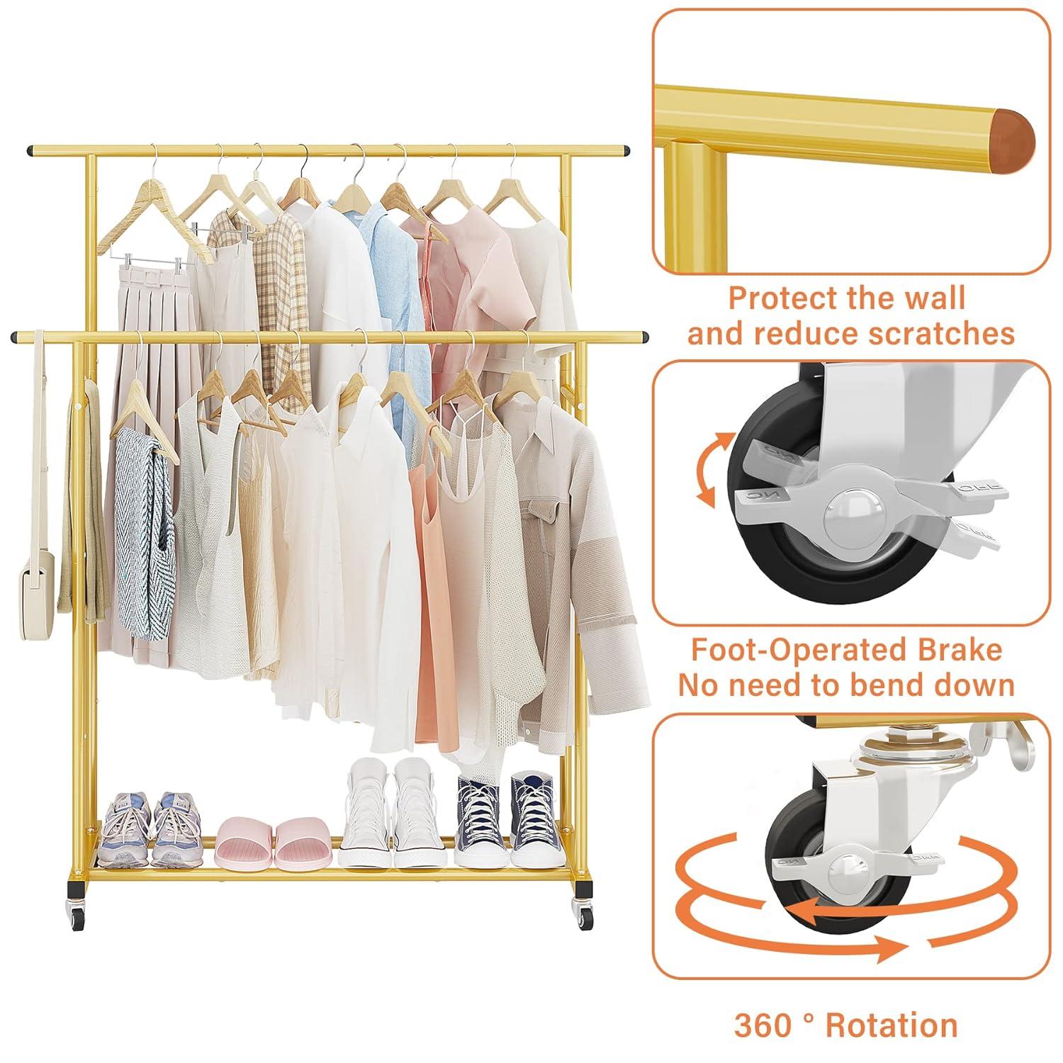Calmootey Double Rod Clothing Garment Rack,Rolling Hanging Clothes Rack,Portable Clothes Organizer for Bedroom,Living Room,Clothing Store,Gold
