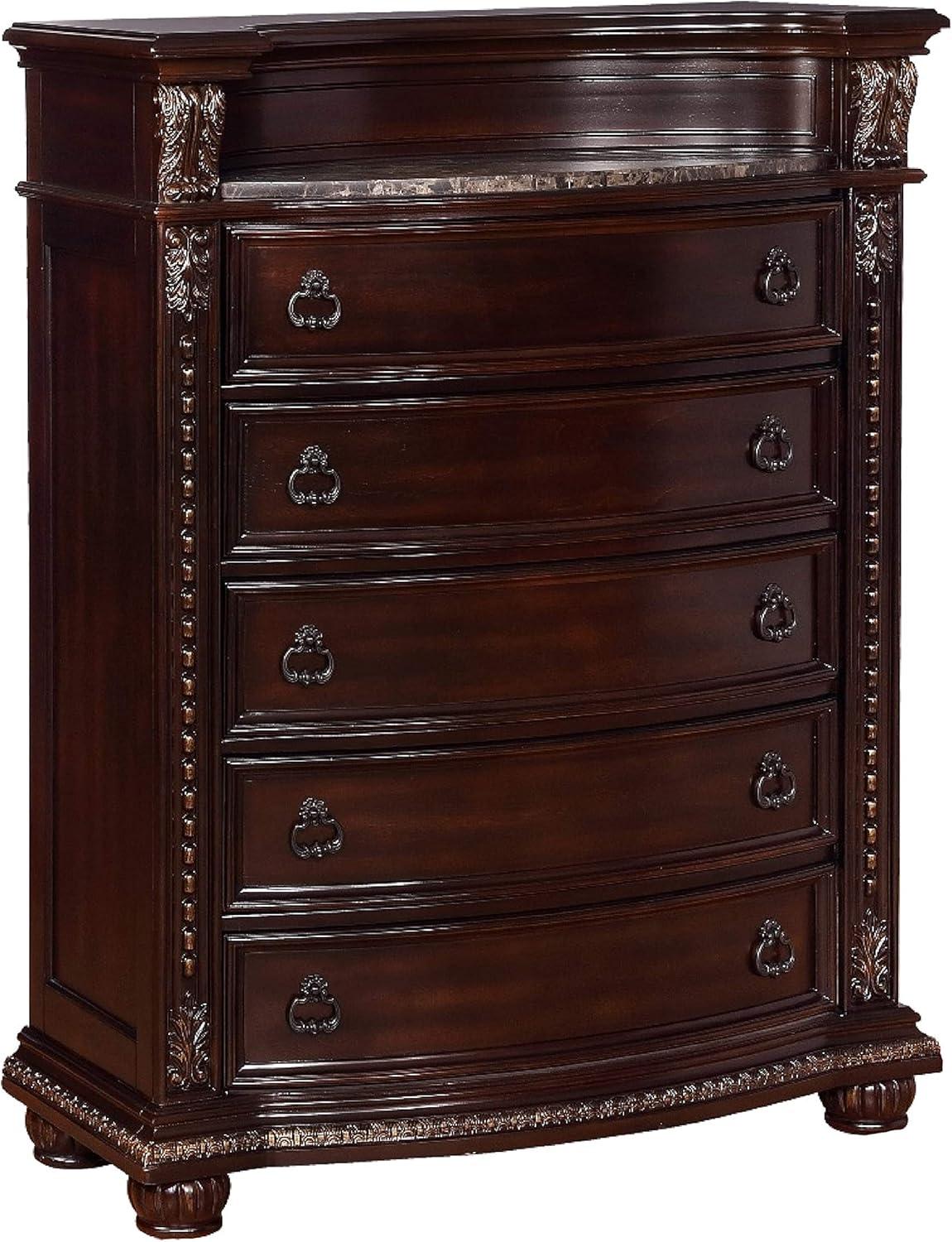 5 Drawers Wooden Chest with Engraved Details and Bun Feet, Cherry Brown