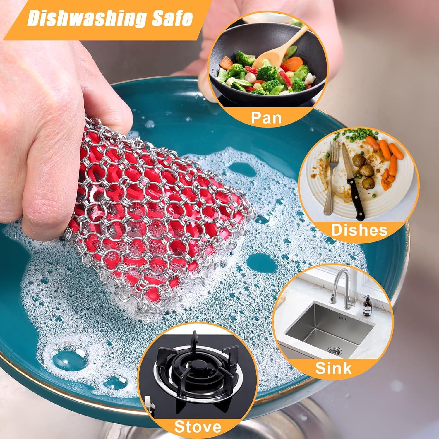 Red Silicone and Stainless Steel Chainmail Cast Iron Scrubber