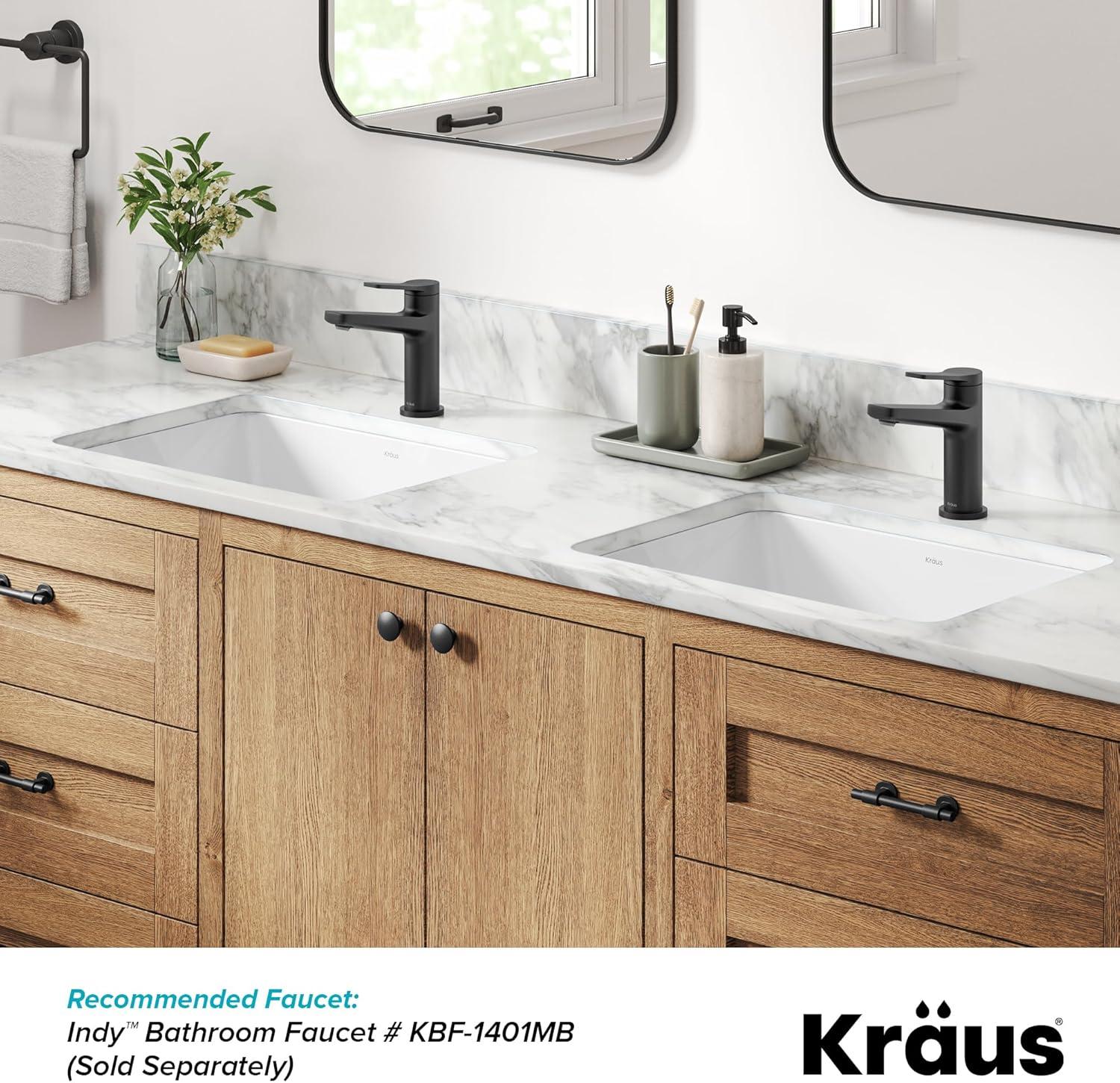 KRAUS Elavo. Rectangular Porcelain Ceramic Undermount Bathroom Sink In White With Overflow Drain, KCU-244