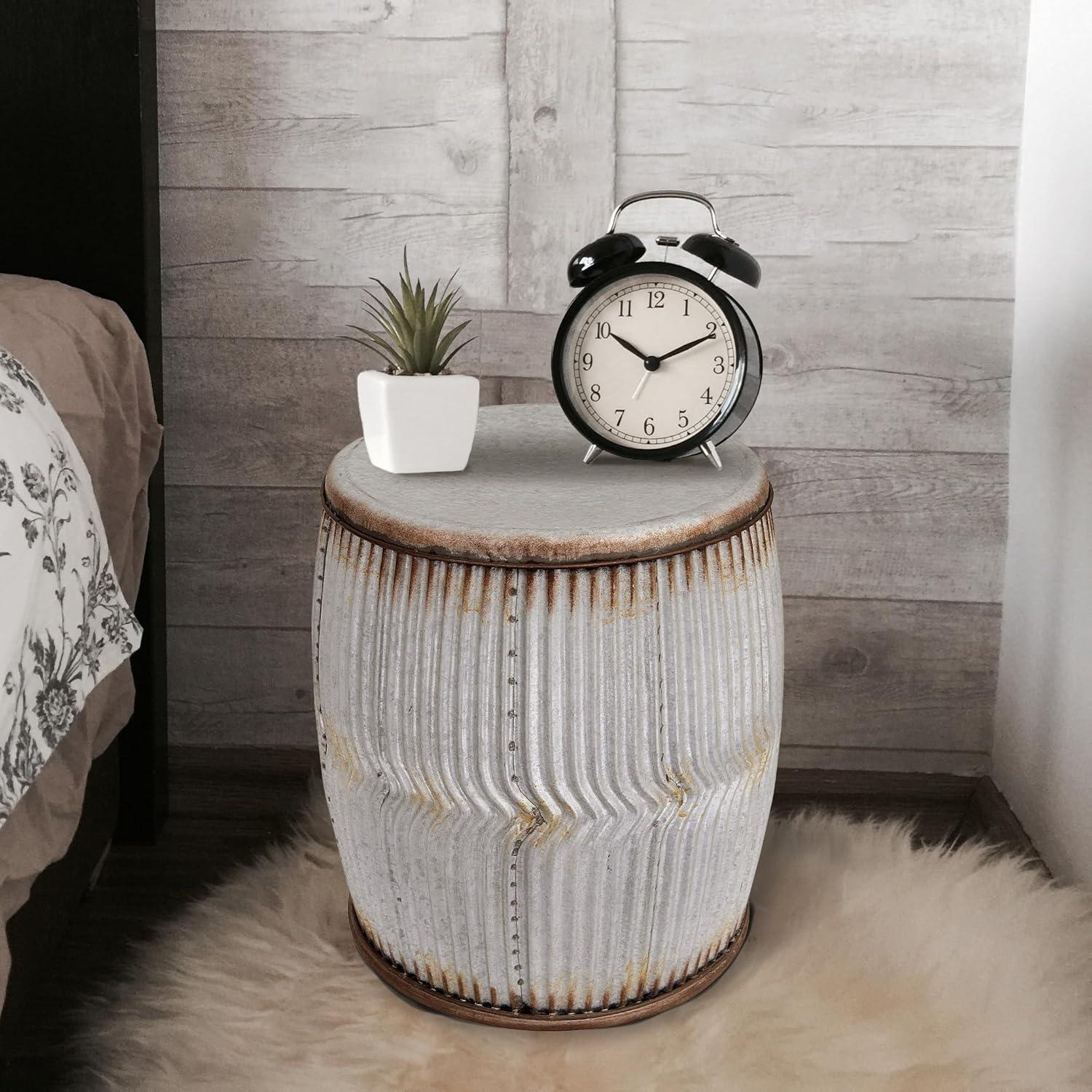 Storied Home Rustic Round Metal Barrel End Accent Table Silver: No Assembly, 17.5" High