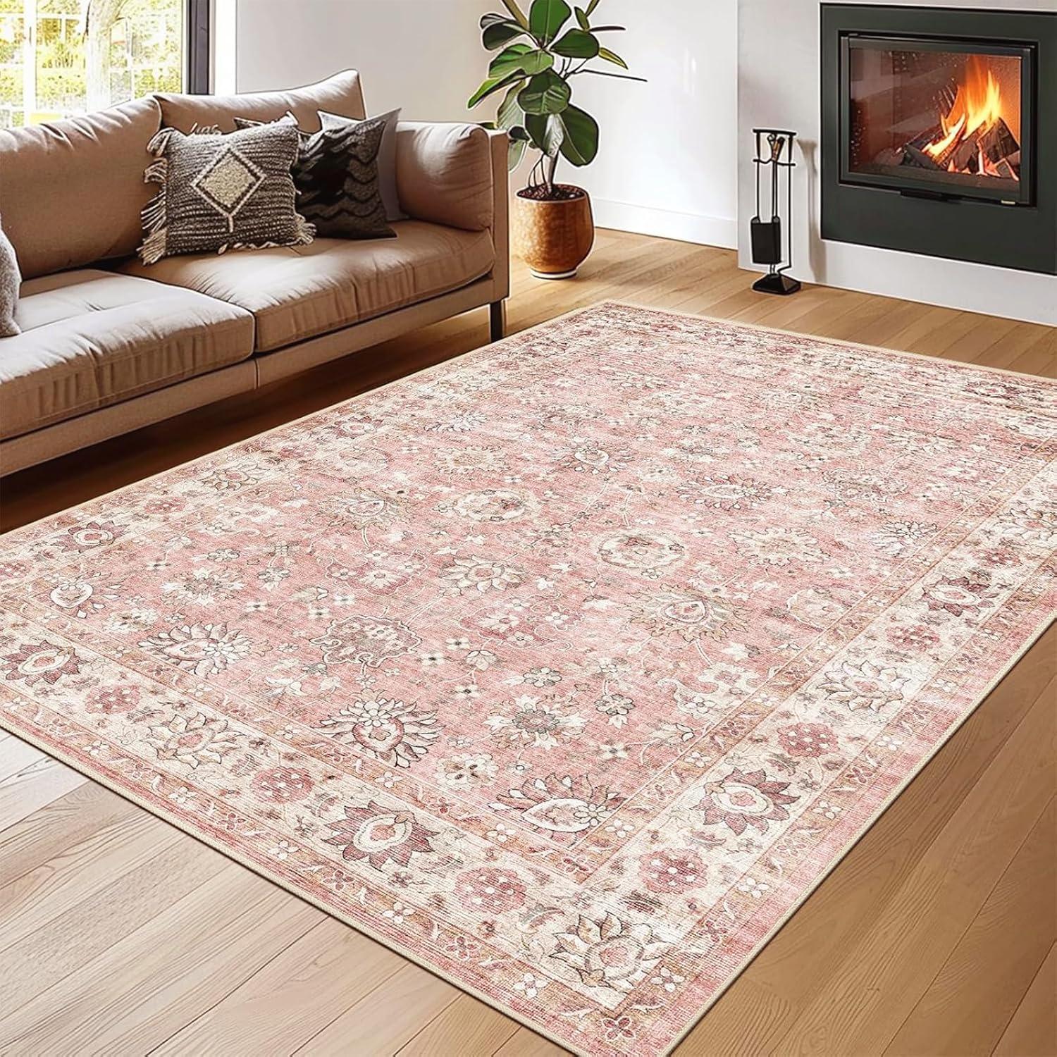 Hasoo Area Rug 5' x 7' Washable Modern Floral Rugs for Living Room Non-Slip Accent Carpet Pink