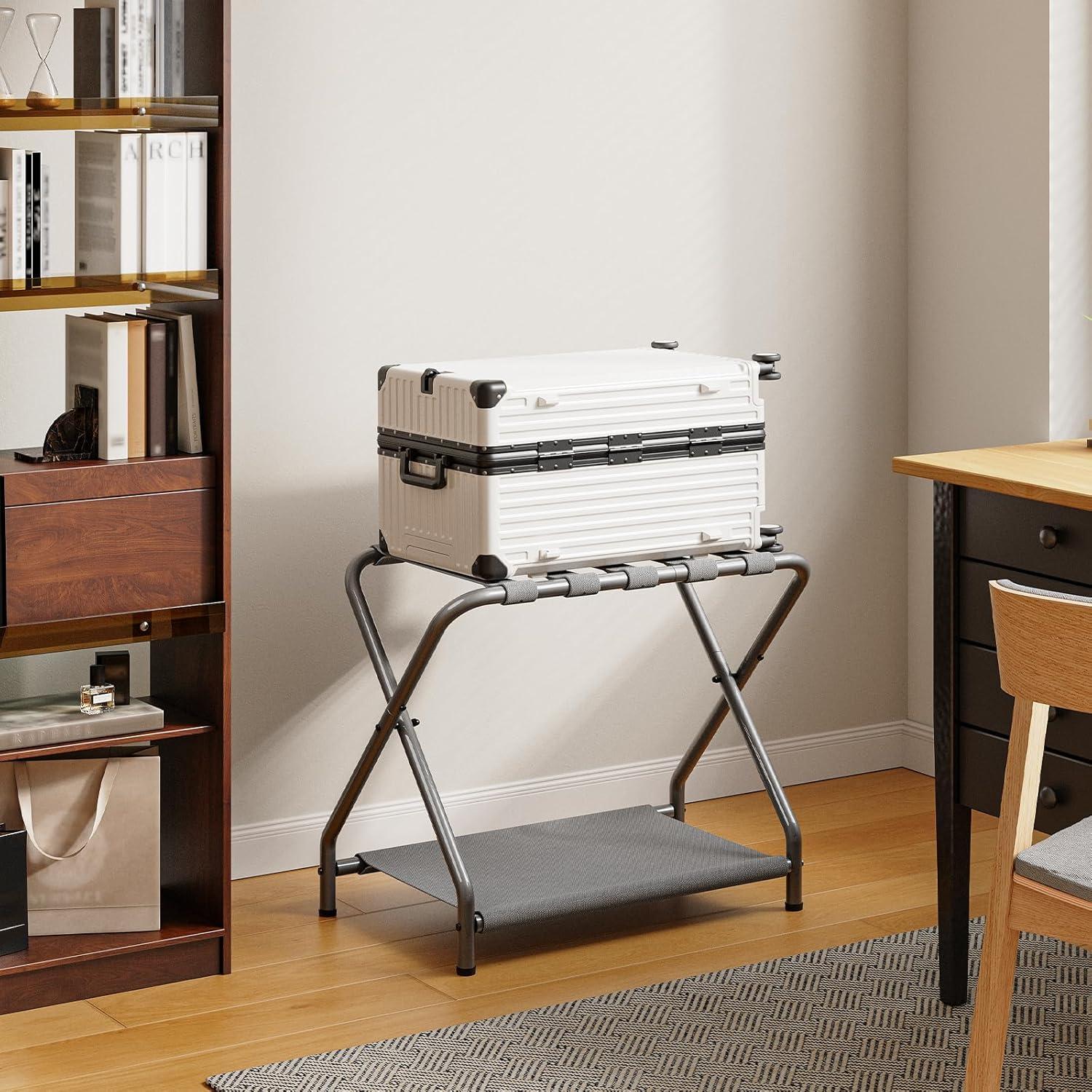 MEBROT Set Of 2, Foldable Suitcase Stands For Guest Room, Metal Luggage Holder With Storage Shelf For Bedroom, Hotel, Easy Assemble