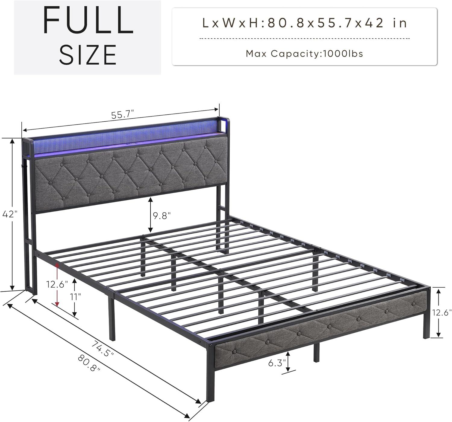 GeeHome Full Bed Frame with Storage Headboard, Charging Station and LED Lights, Upholstered Platform Bed with Heavy Metal Slats, No Box Spring Needed, Noise Free, Easy Assembly, Dark Gray