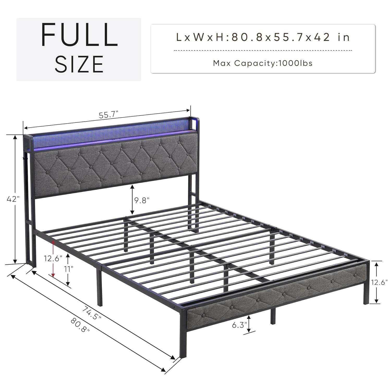 GeeHome Full Bed Frame with Storage Headboard, Charging Station and LED Lights, Upholstered Platform Bed with Heavy Metal Slats, No Box Spring Needed, Noise Free, Easy Assembly, Dark Gray