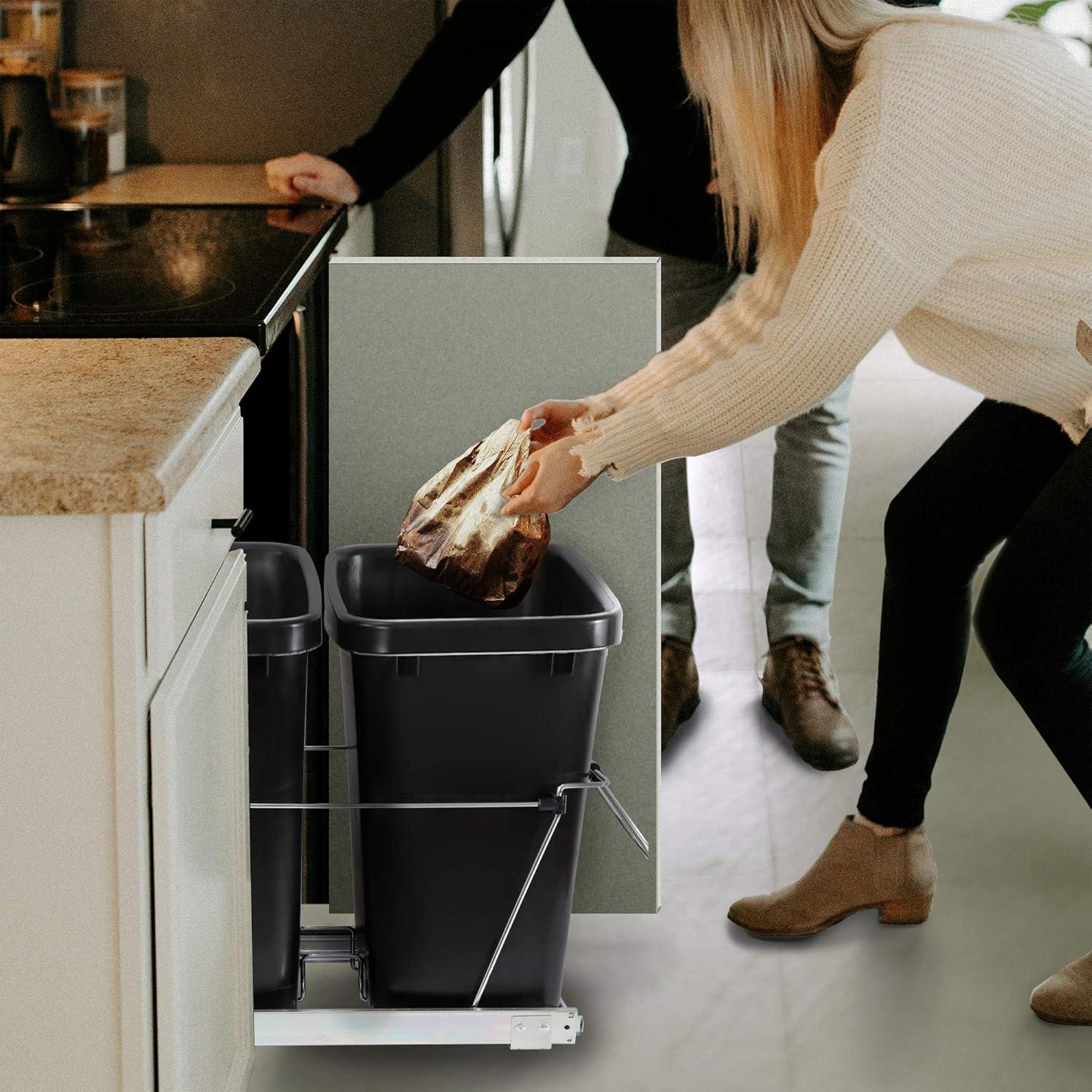 Double 35-Quart Sliding Pull Out Waste Bin Container, Kitchen Trash Can Under Cabinet Dual Trash Can Under Sink for Home Base Kitchen Cabinet - 17.5 Gallon