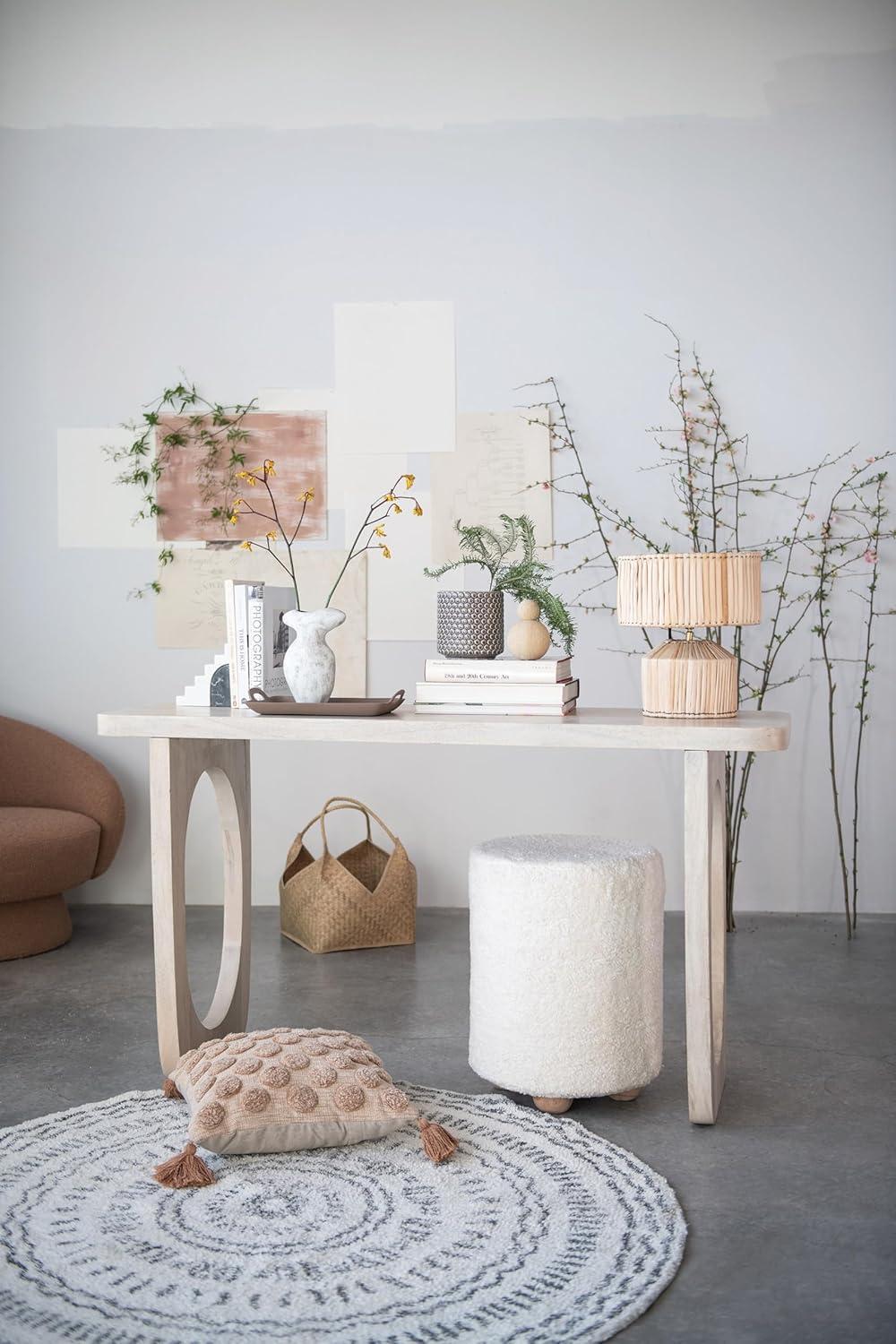 Cream Round Cotton Sherpa Pouf with Pine Legs