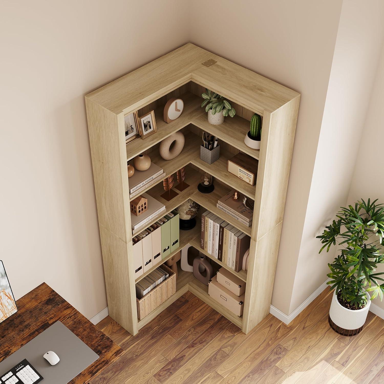 71.8" Gray Farmhouse Bookcase, L-Shaped Corner Bookshelf with 5-Tier Storage, Heavy Duty Shelf for Living Spaces