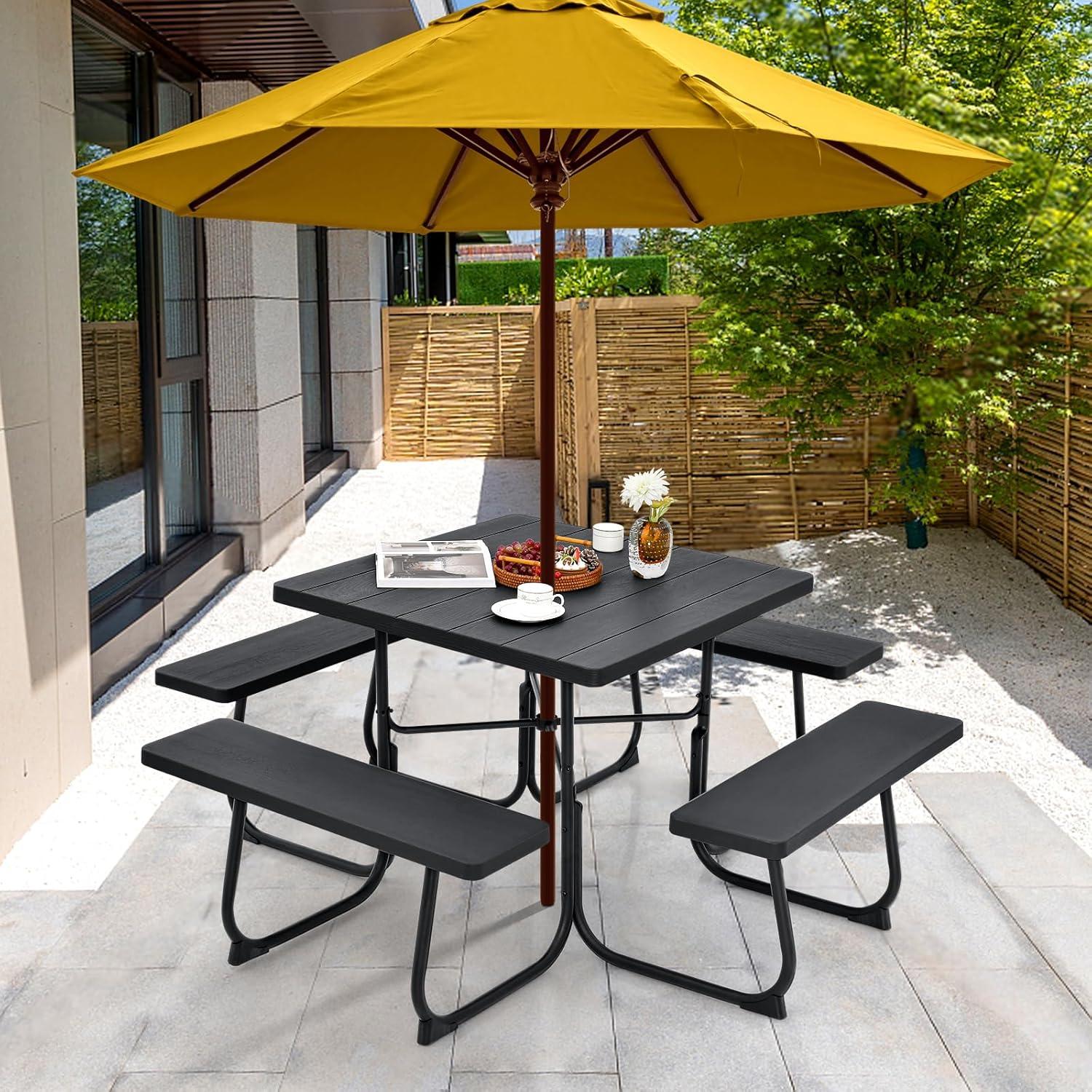 Costway Outdoor 8-person Square Picnic Table Bench Set with 4 Benches & Umbrella Hole Black