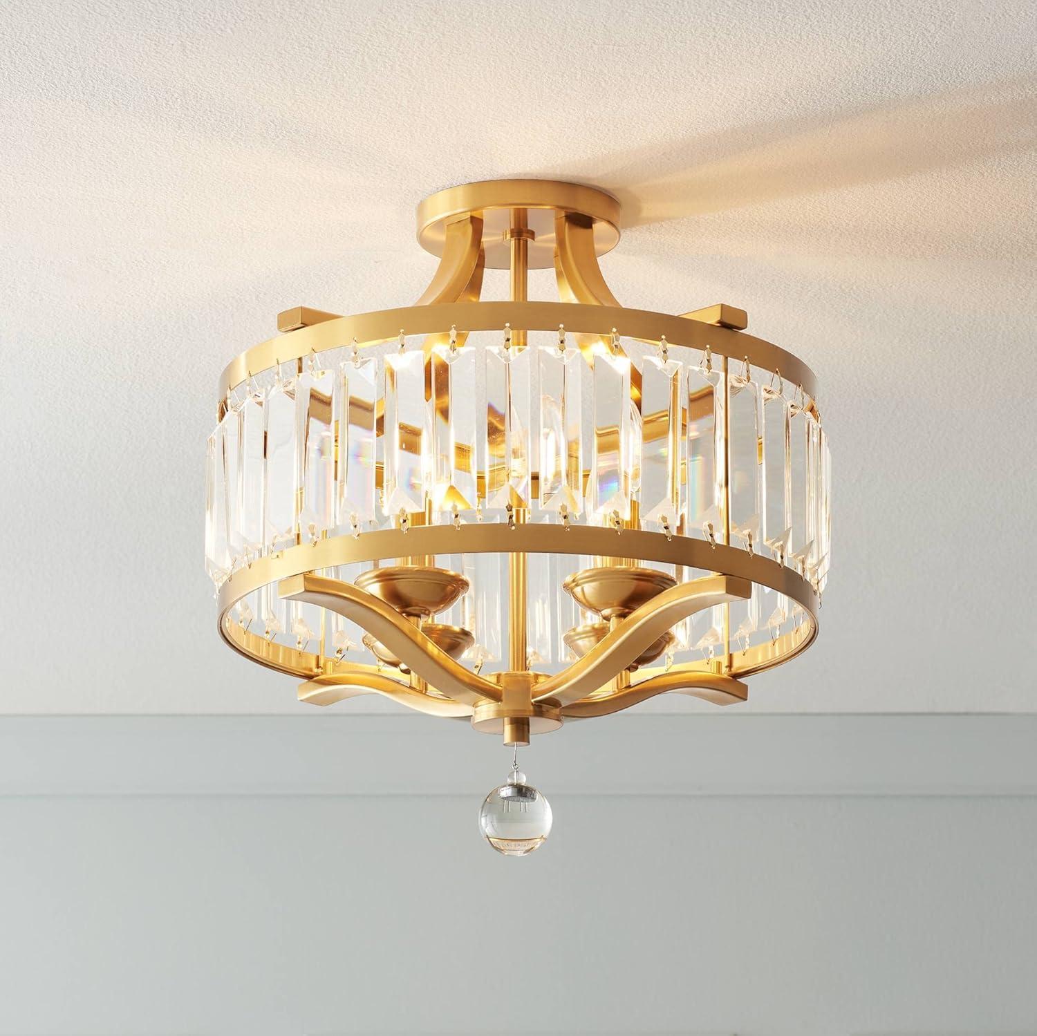 Vienna Full Spectrum Prava Modern Ceiling Light Semi Flush Mount Fixture 16 1/2" Wide Warm Brass 4-Light Crystal Drum for Bedroom Kitchen Living Room