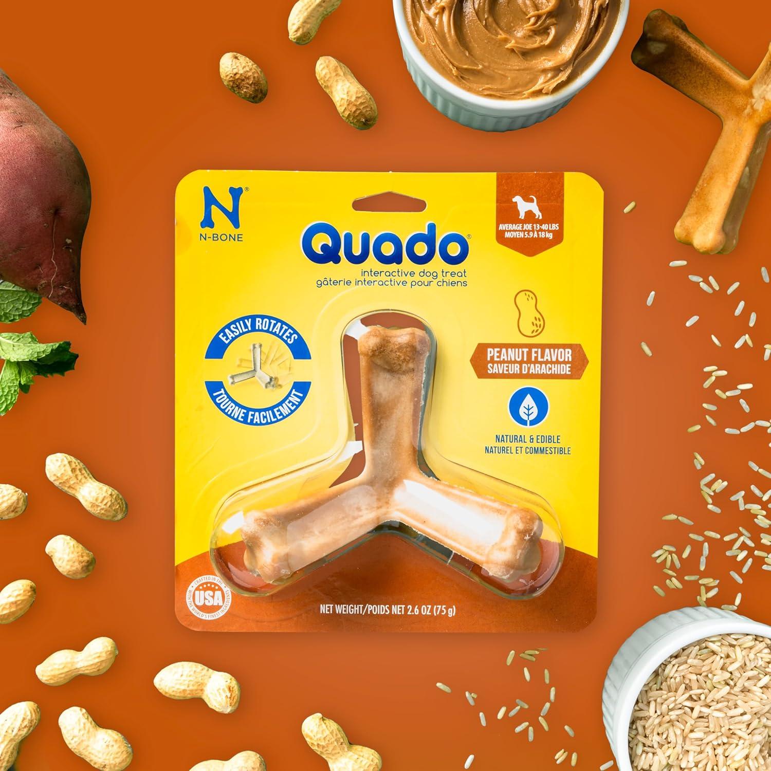 N-Bone® Quado® Dried Interactive Dog Chews, Peanut Flavor, Average Joe, Medium, 1ct, 2.6oz - Natural, Edible, 100% Digestible Dog Chews Alternative to Plastic Toys - for Small & Medium Dogs