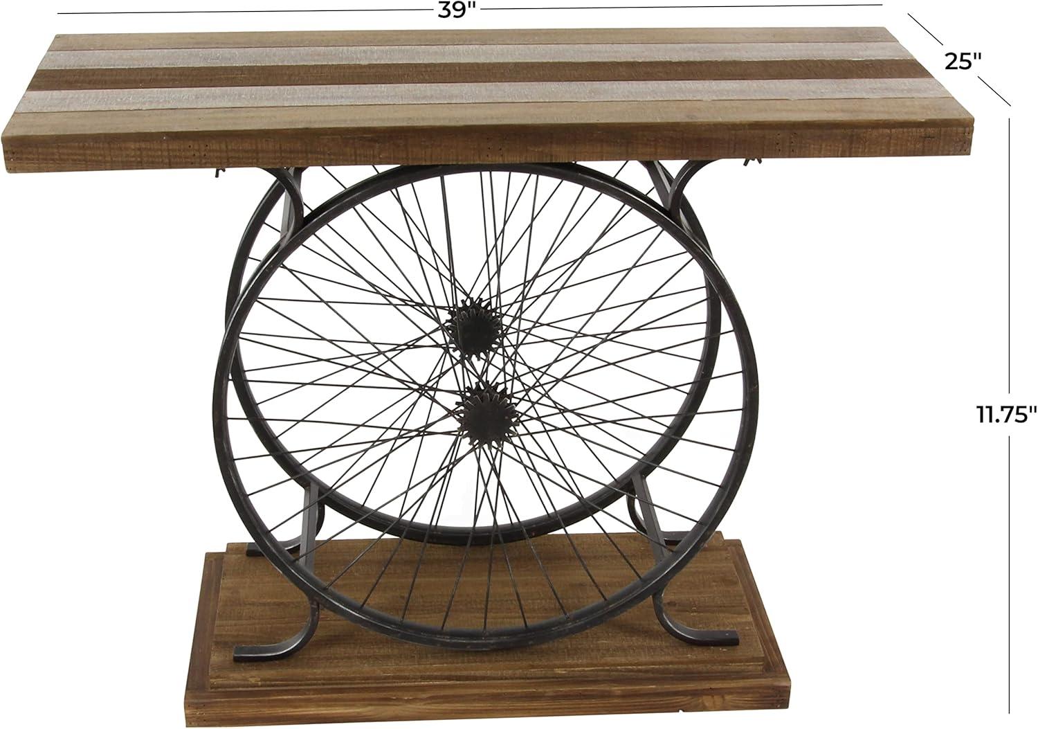 Olivia & May Industrial Wheel Console Table Brown: Iron Frame, Wood Top, Entryway Furniture