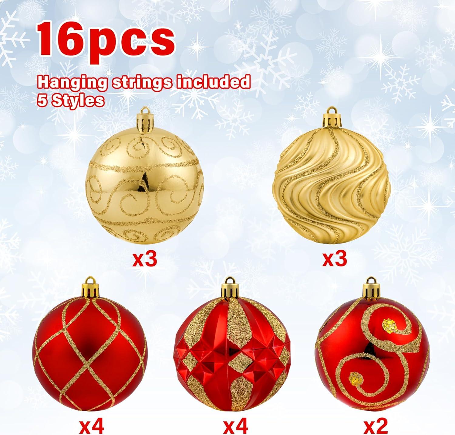 16 Pcs Christmas Ball Ornaments Set for Xmas Tree, 2.36" Red Gold Christmas Tree Ornaments, Shatterproof Plastic Hanging Holiday Balls for Home Decor Festive Christmas Party