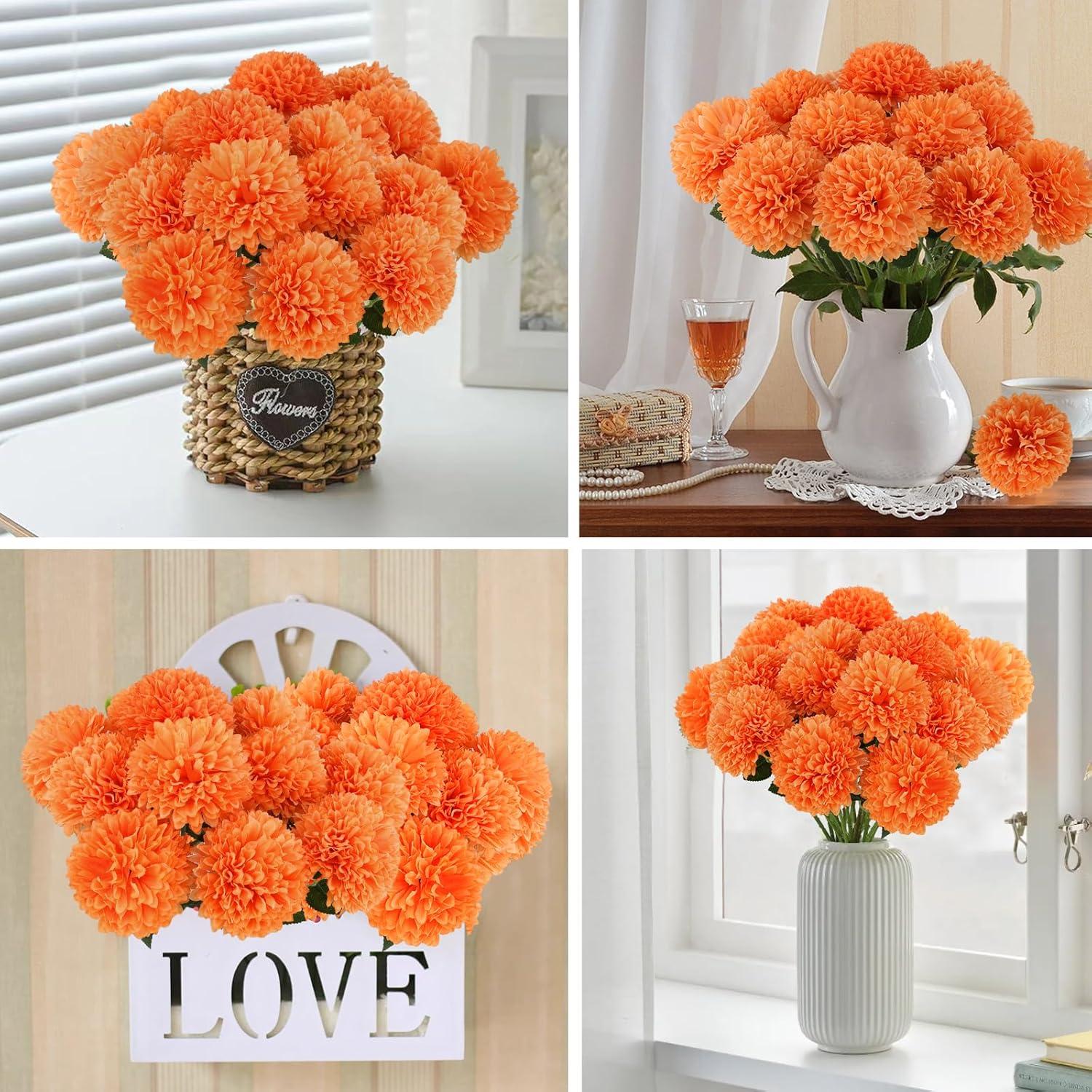 12pcs Orange Fake Flowers 12" Artificial Chrysanthemum Ball Silk Flowers Bouquet for Home Kitchen Wedding Table Arrangement Decorations