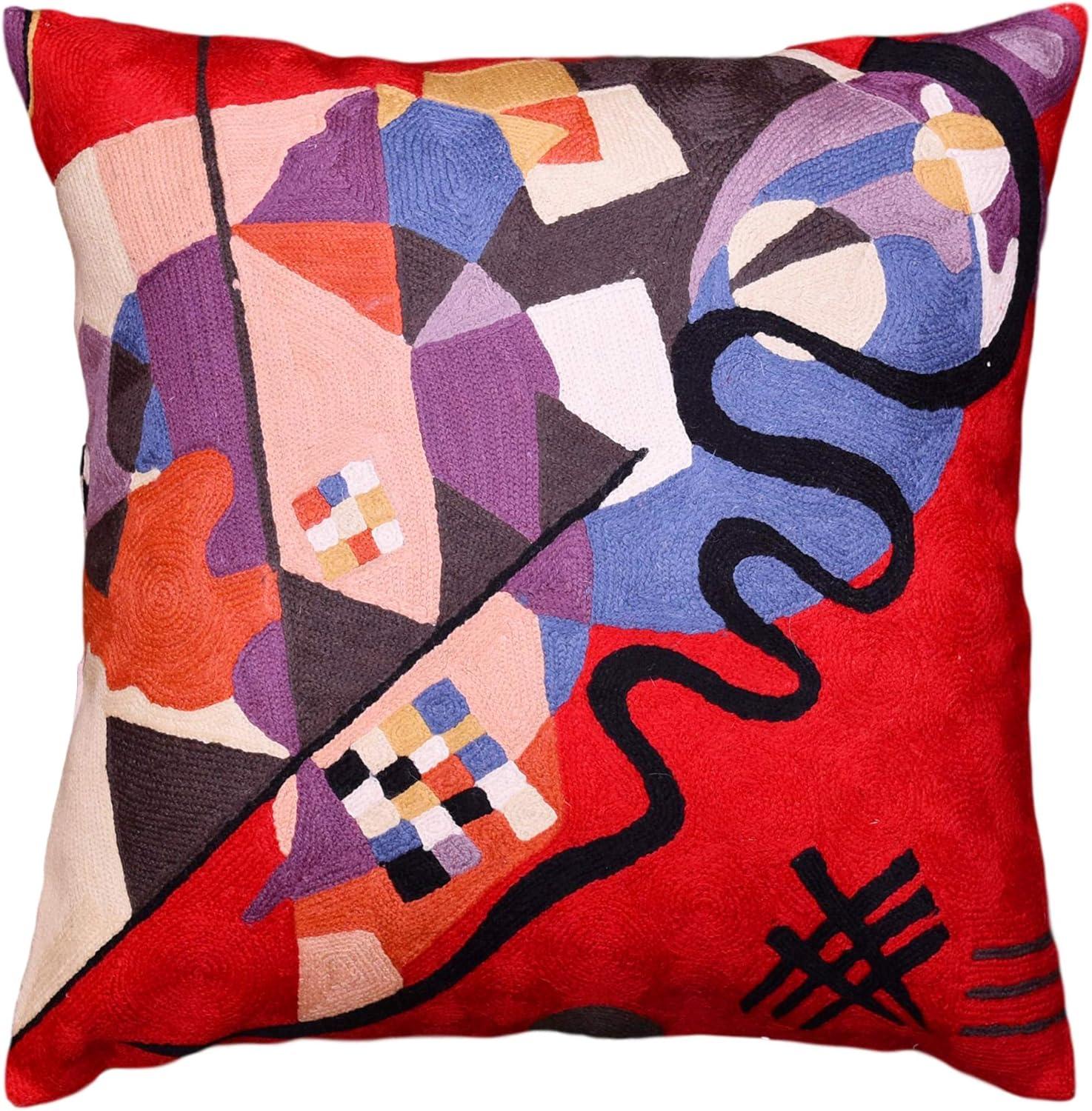 Hand Embroidered Red Abstract Wool Cotton Throw Pillow