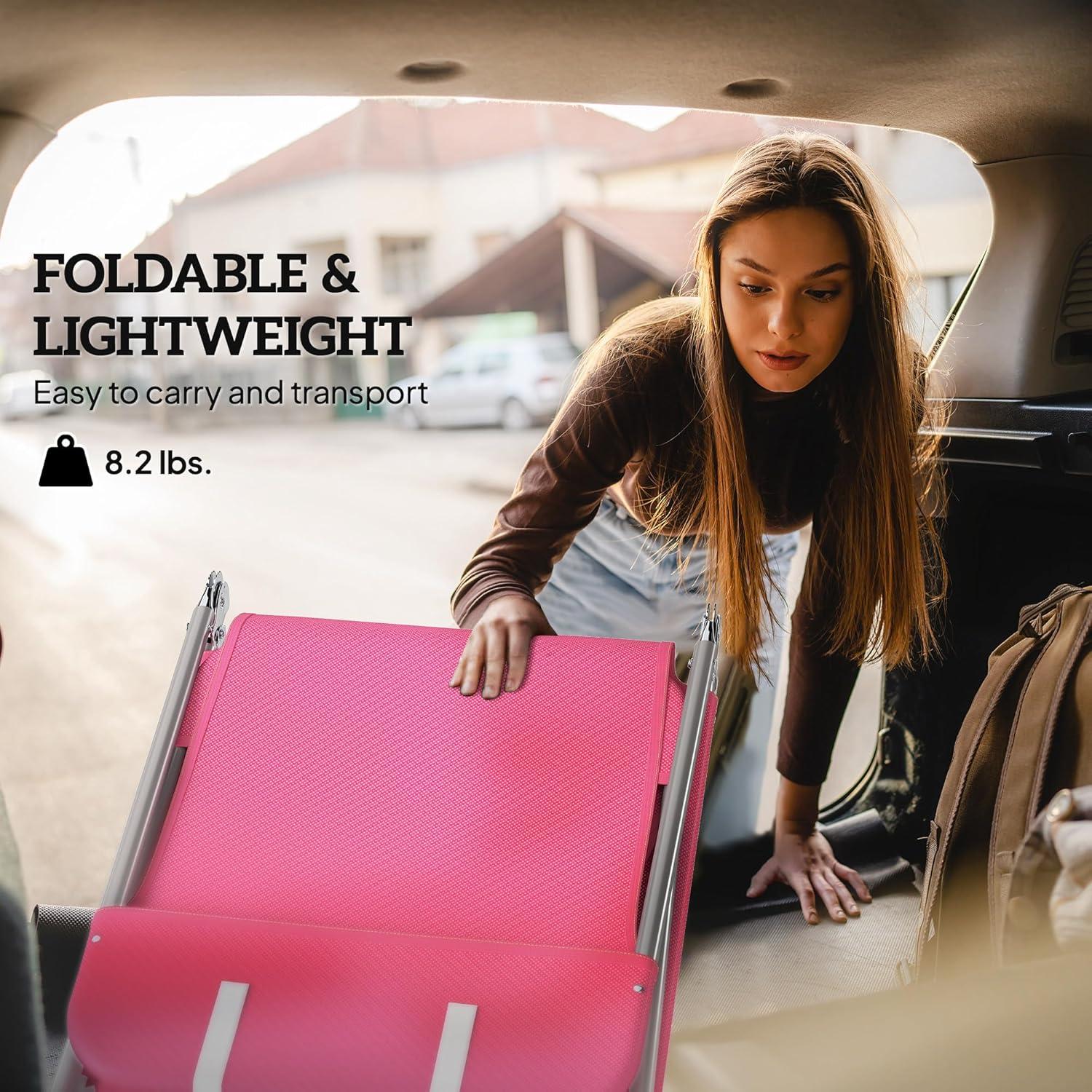 Outsunny Foldable Outdoor Chaise Lounge Chair, 5-Level Reclining Camping Tanning Chair with Breathable Mesh Fabric and Headrest, Pink