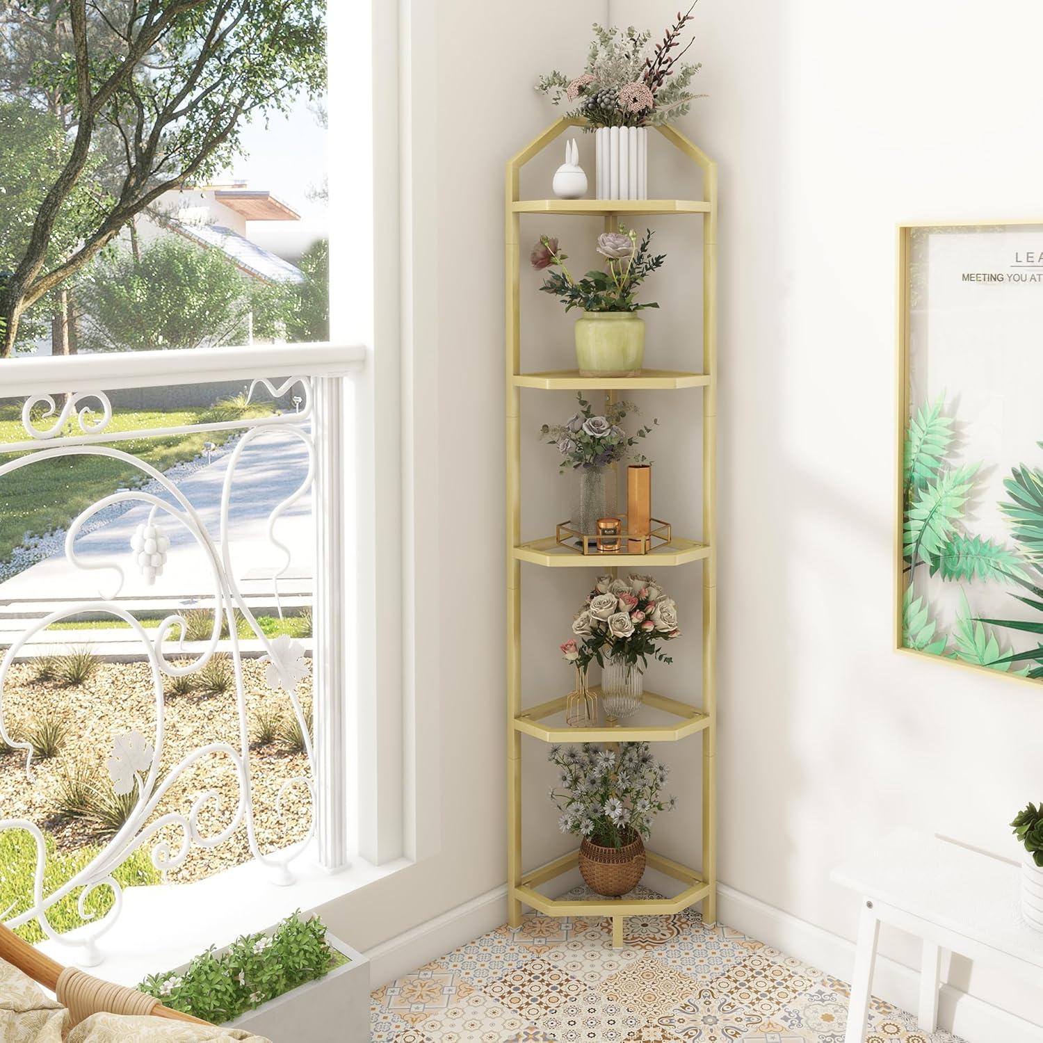 Gold 5-Tier Corner Bookshelf with Tempered Glass Shelves