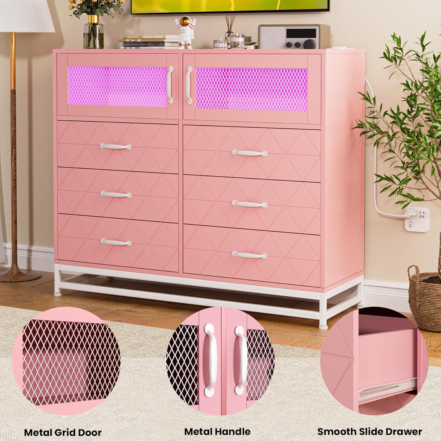 Dresser for Bedroom with LED Lights and Charging Station, Wooden 6 Drawer Double Dresser with 2 Doors, Modern Chest of Drawers for Bedroom, Entryway, Hallway, Pink