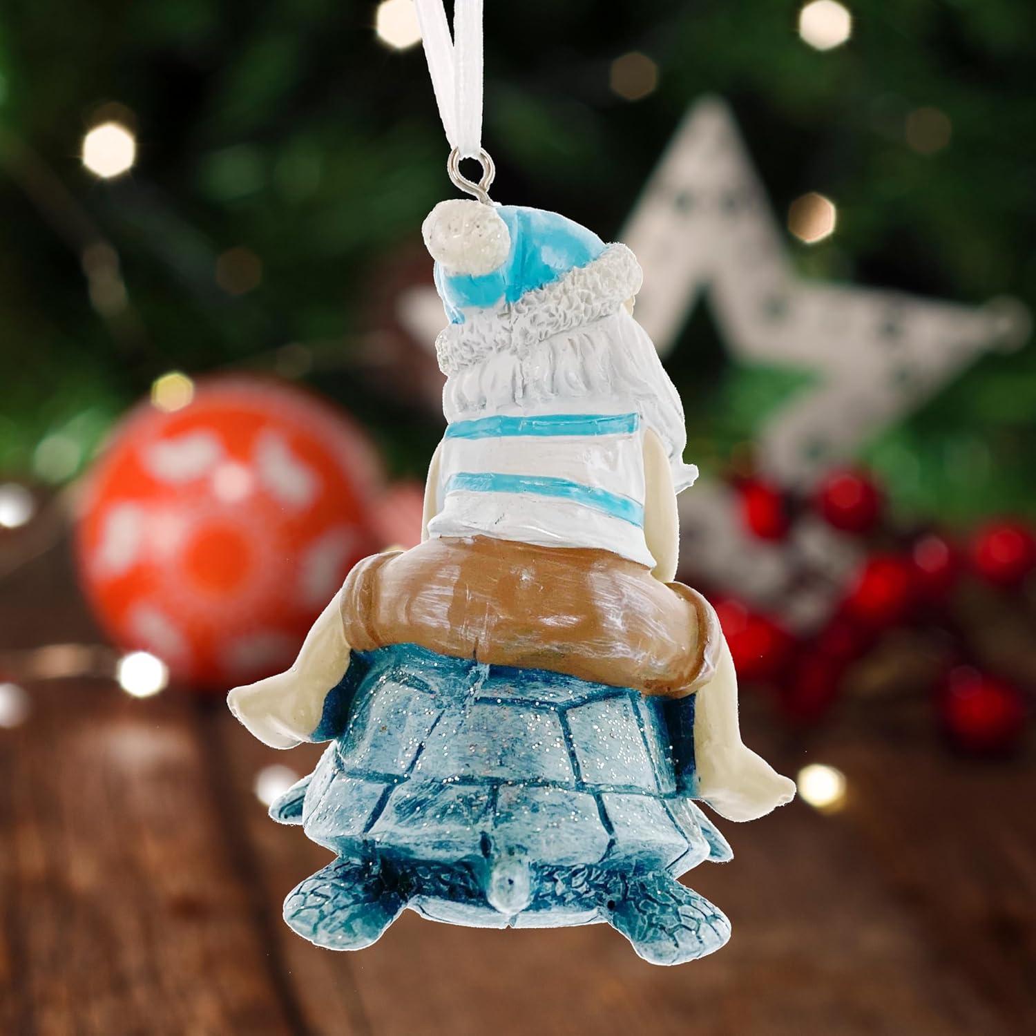 Sea Turtle Seahorse Ornaments - Beach Santa Riding Marine Animals Coastal Holiday Tree Decorations, Set of 2