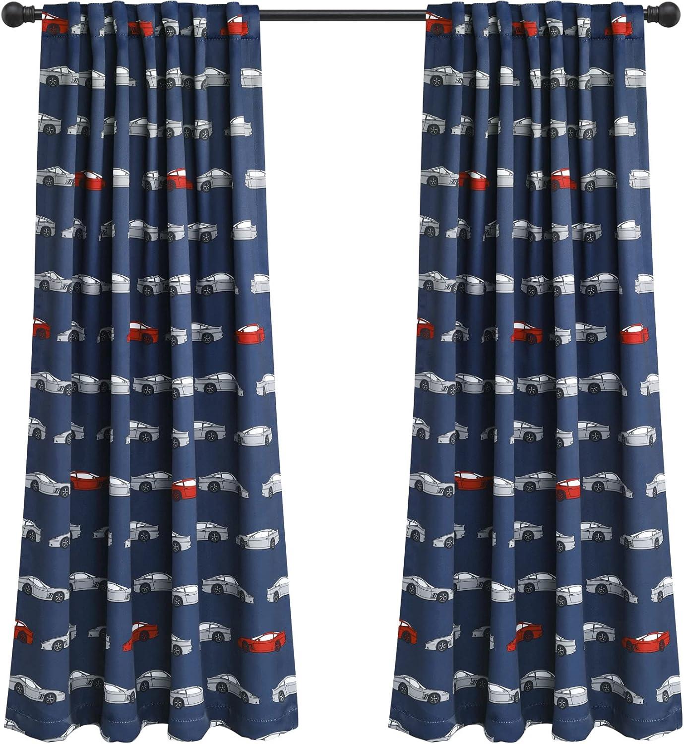 Kids' Race Cars Room Darkening Window Curtain Set Navy/Red - Lush Décor