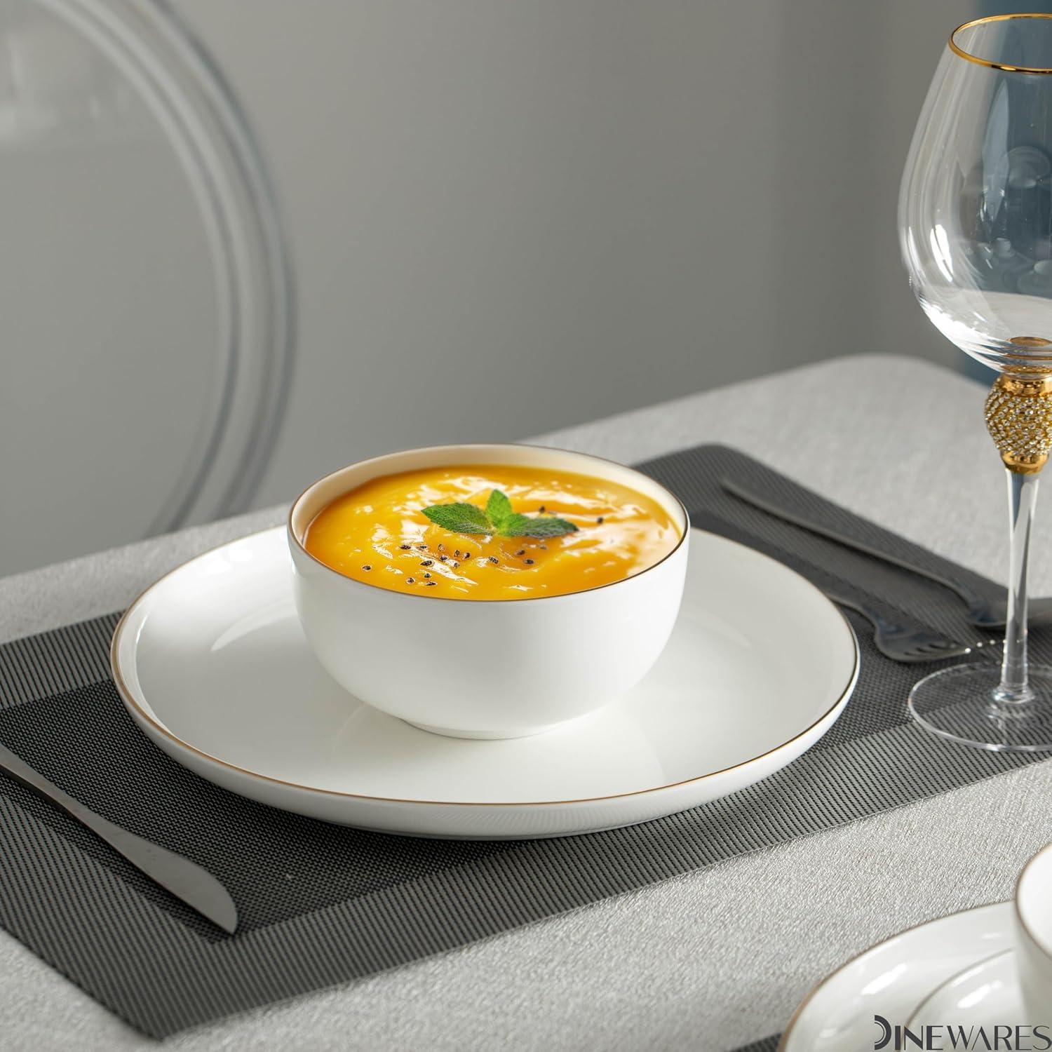 Dinewares White with Gold Rim Bone China Dinnerware Set - Service for 8, Includes Dinner Plates, Salad Plates, and Cereal or Soup Bowls