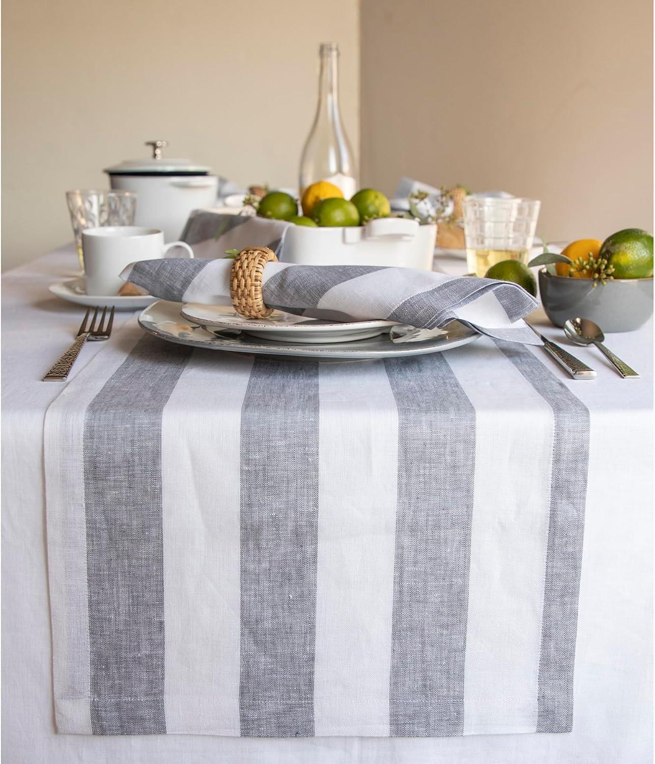 Gray and White Cabana Stripe Linen Table Runner 14 x 90 Inch