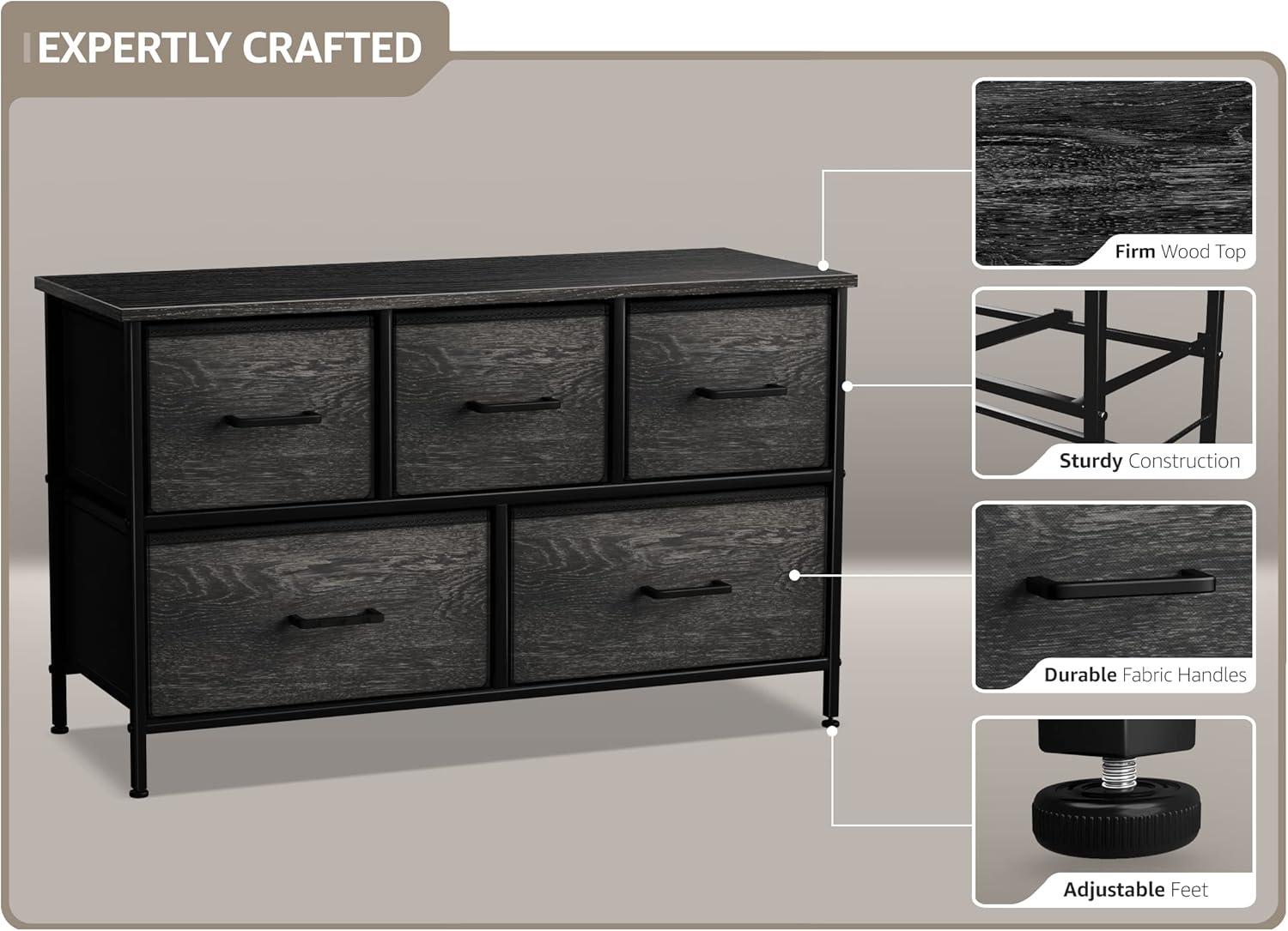 Sorbus Dresser with 5 Drawers with Steel Frame, Wood Tops, and Fabric Bins in Rustic Black