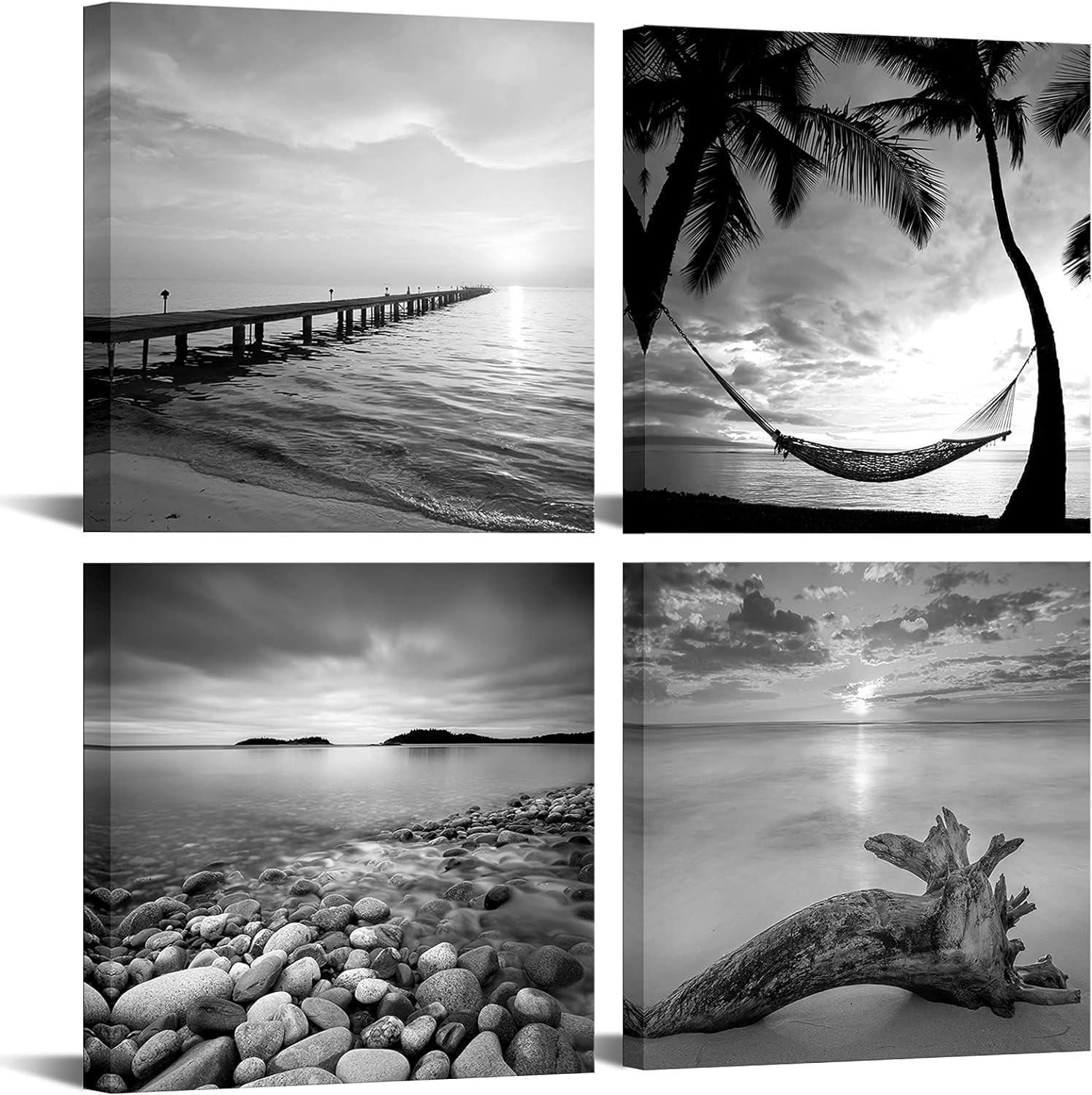 Black and White Seascape Framed Canvas Wall Art Set