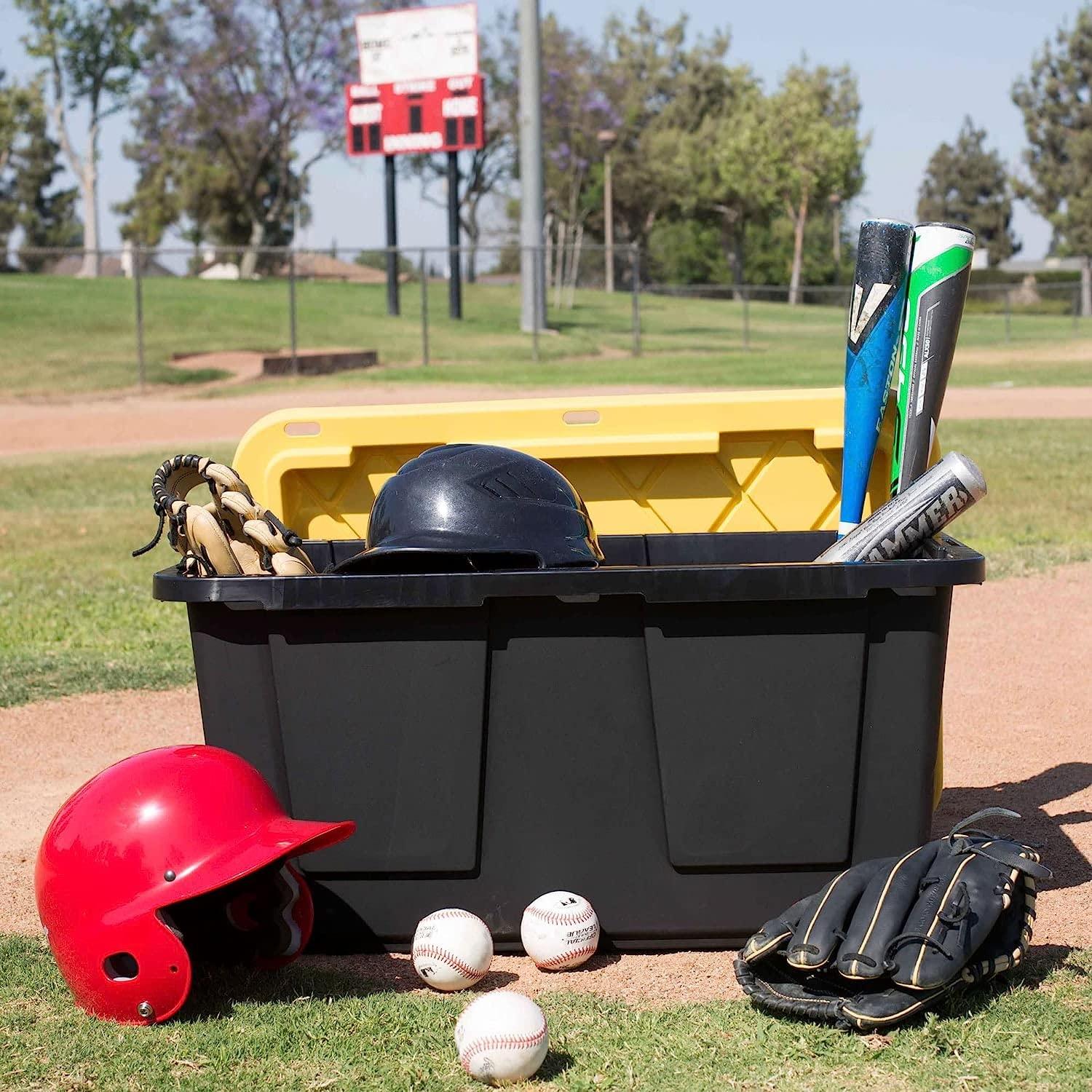 4 Pack 27 Gallon Stackable Storage Totes with Lids Black Yellow