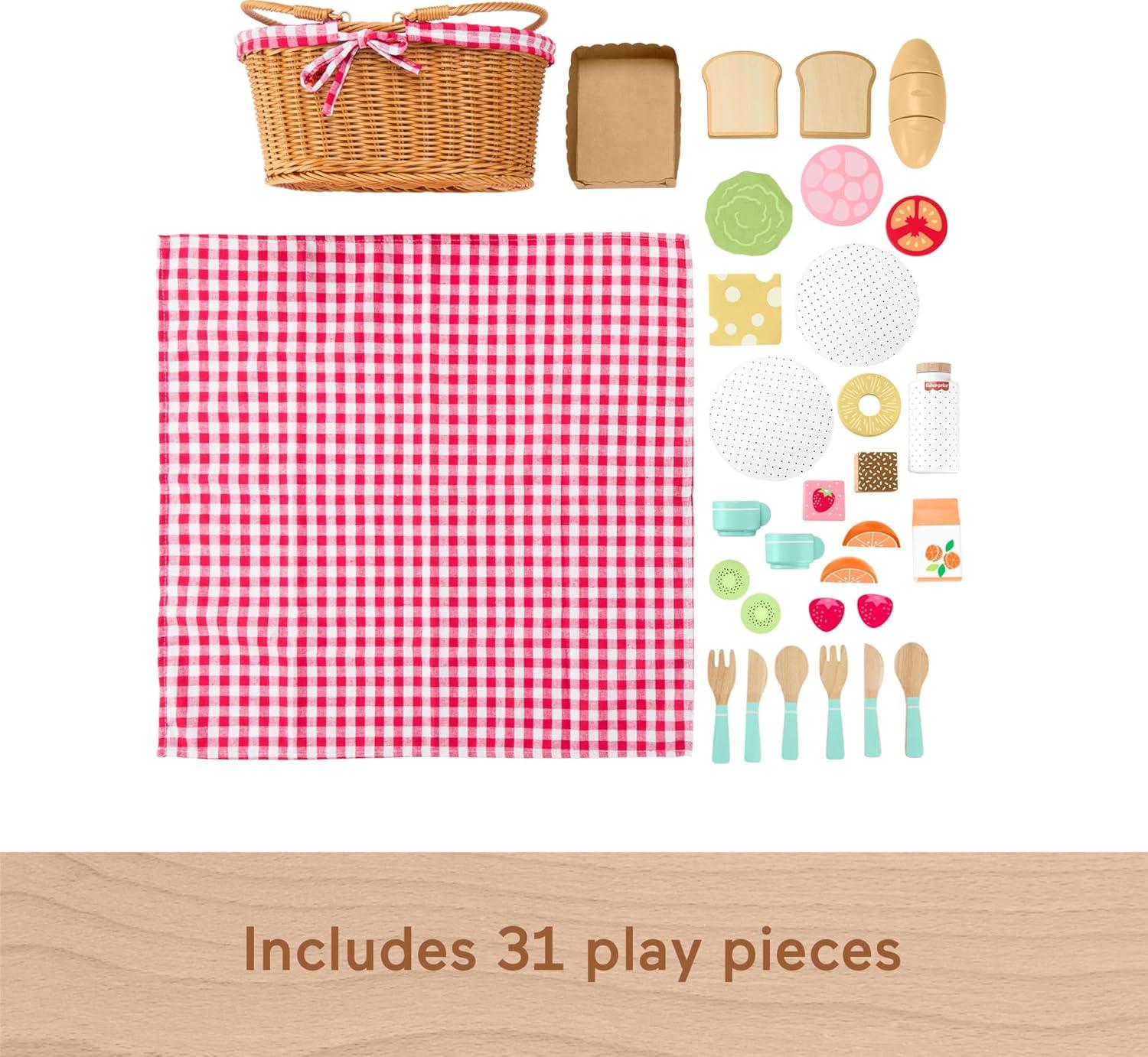 Fisher-Price Wooden Picnic Basket and Food Pretend Play Set for Preschool Kids, 31 Pieces
