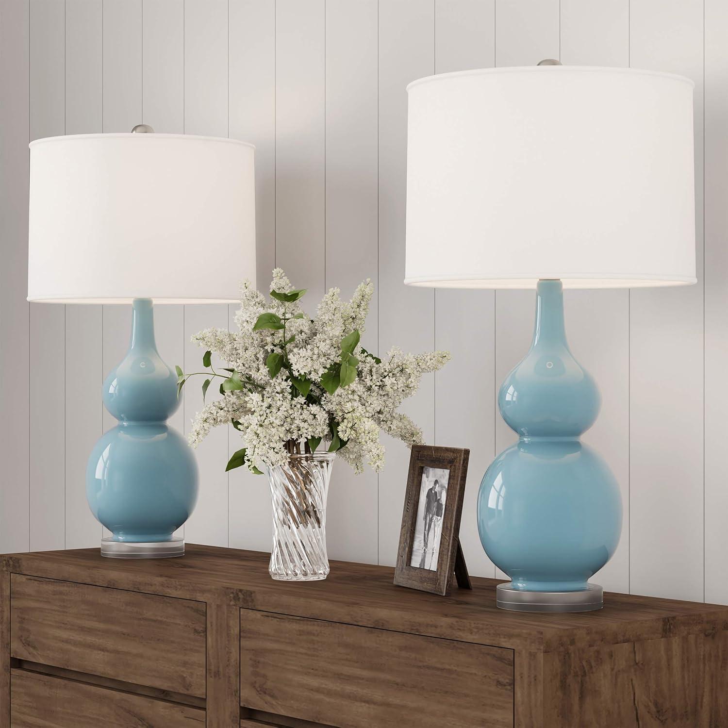 Lavish Home Set of 2 Ceramic Table Lamps - Double Gourd Vintage Style Lights for Bedroom, Living Room, or Office with Efficient LED Bulbs, Blue
