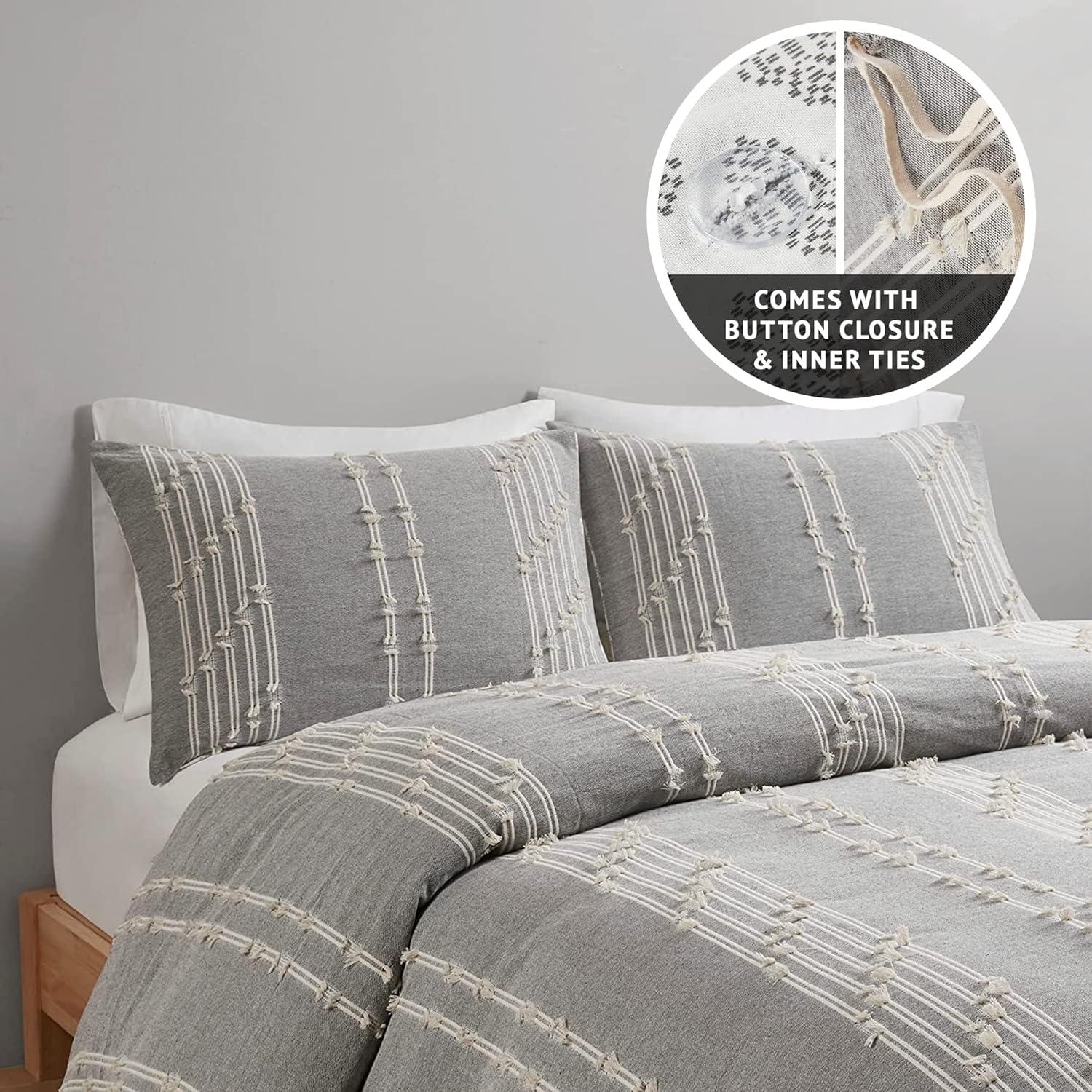 Ink+Ivy 3pc King/California King Kara Cotton Jacquard Duvet Cover Set Gray: OEKO-TEX Certified, Farmhouse Style