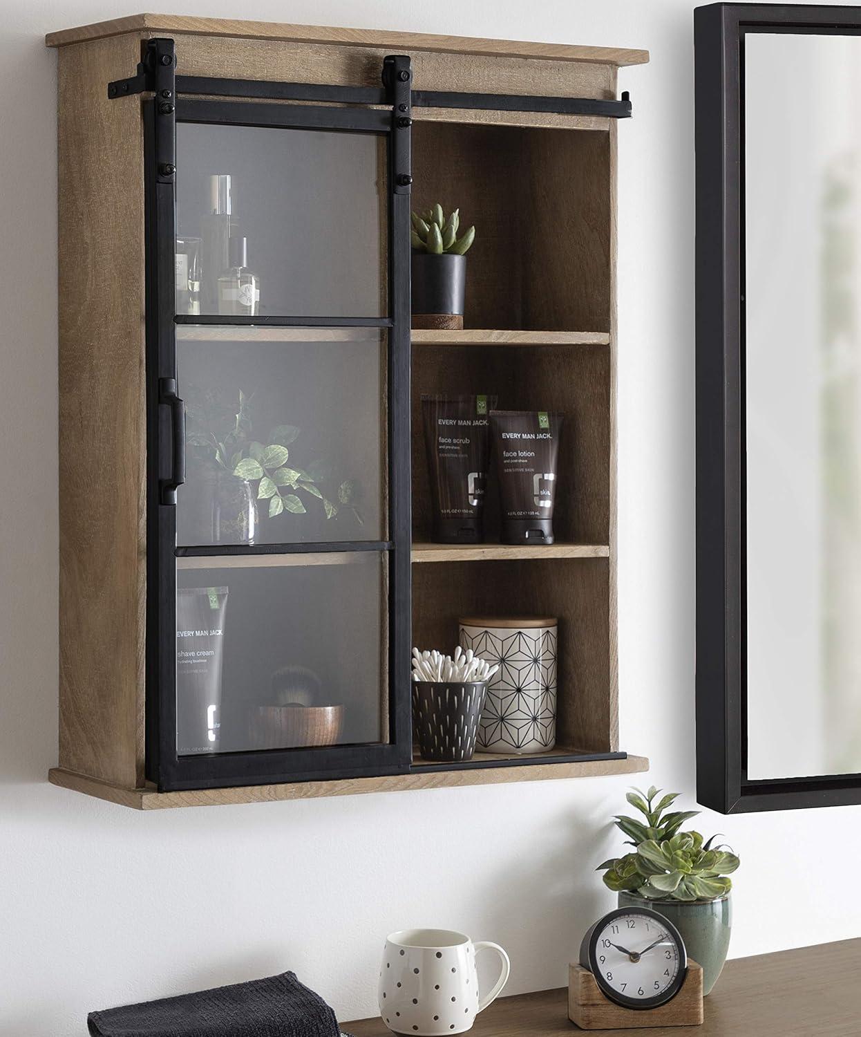 Kate and Laurel Barnhardt Wooden Decorative Cabinet with Sliding Glass Door, 22" x 28", Rustic Brown, Barndoor Modern Farmhouse Storage